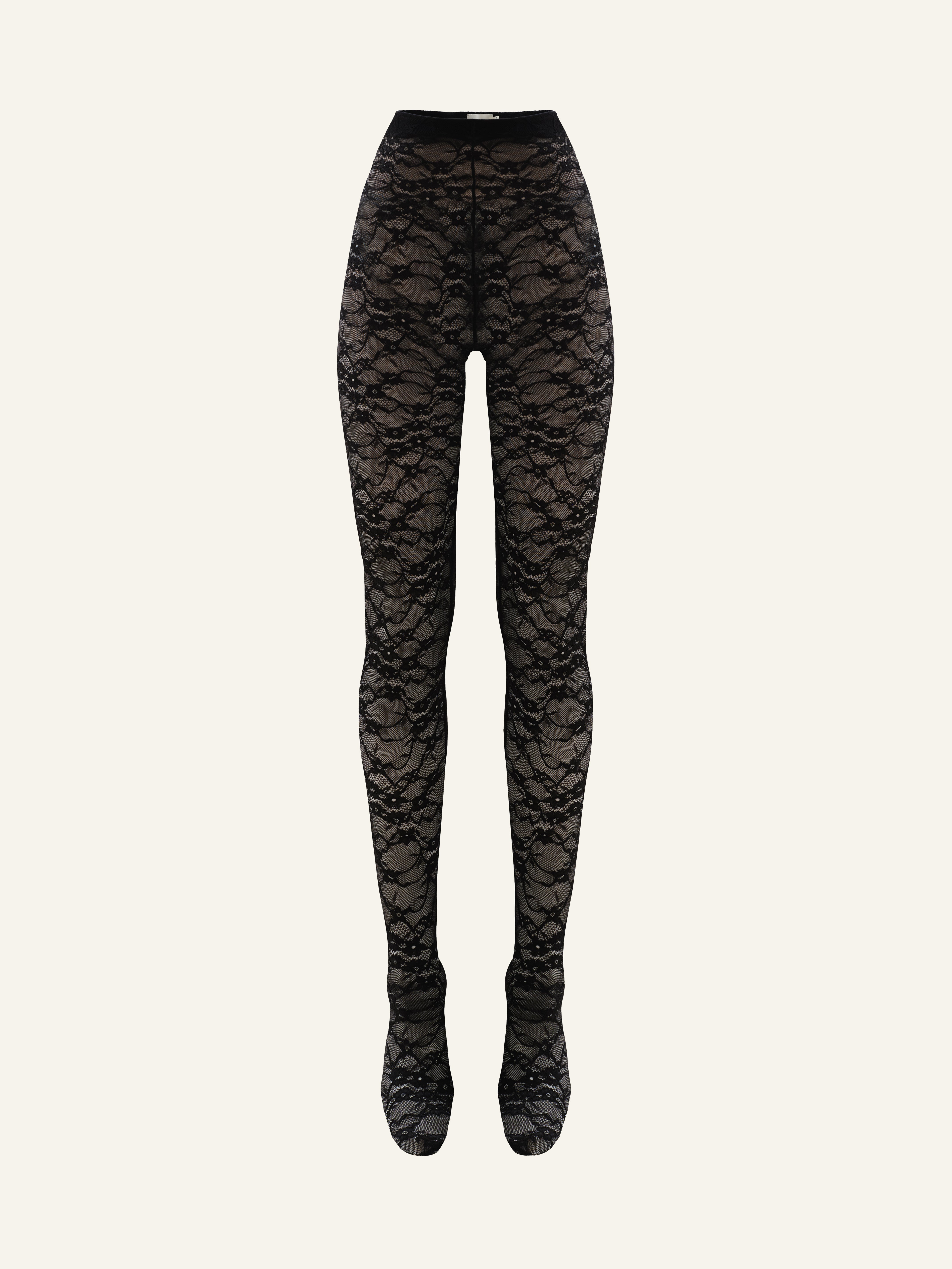Product photo of black lace high rise leggings