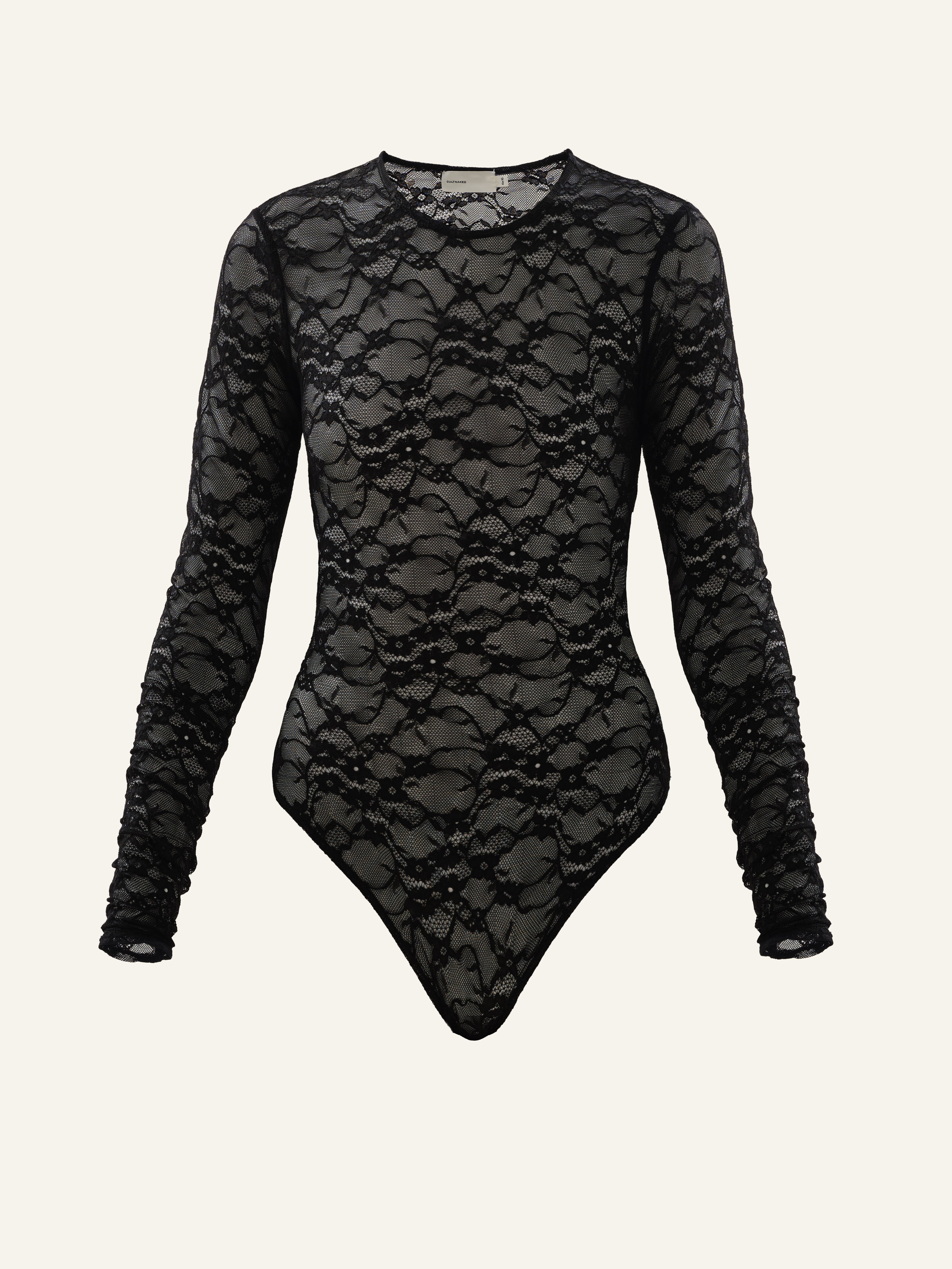 Product photo of a black lace long sleeved bodysuit
