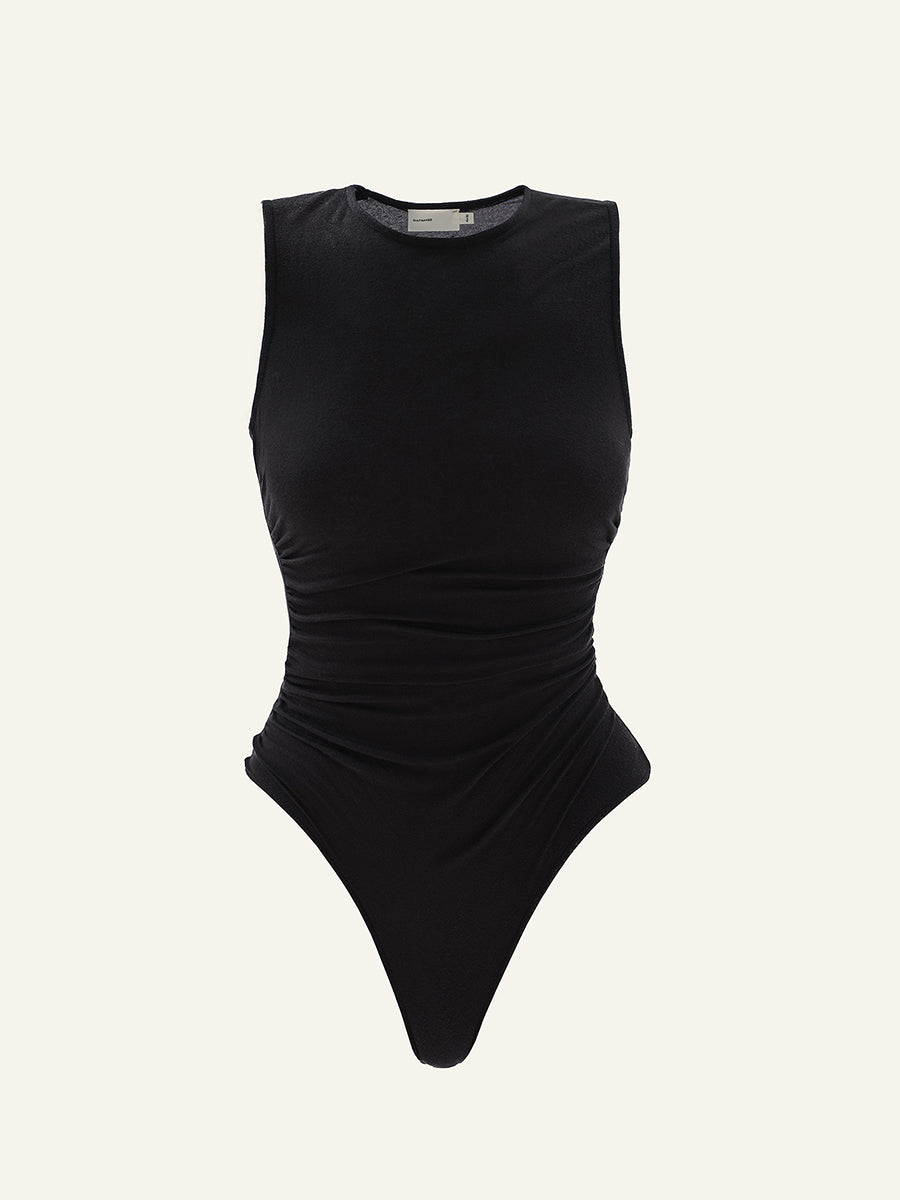 Product photography of a black sleeveless bodysuit with draping at the sides and round neckline