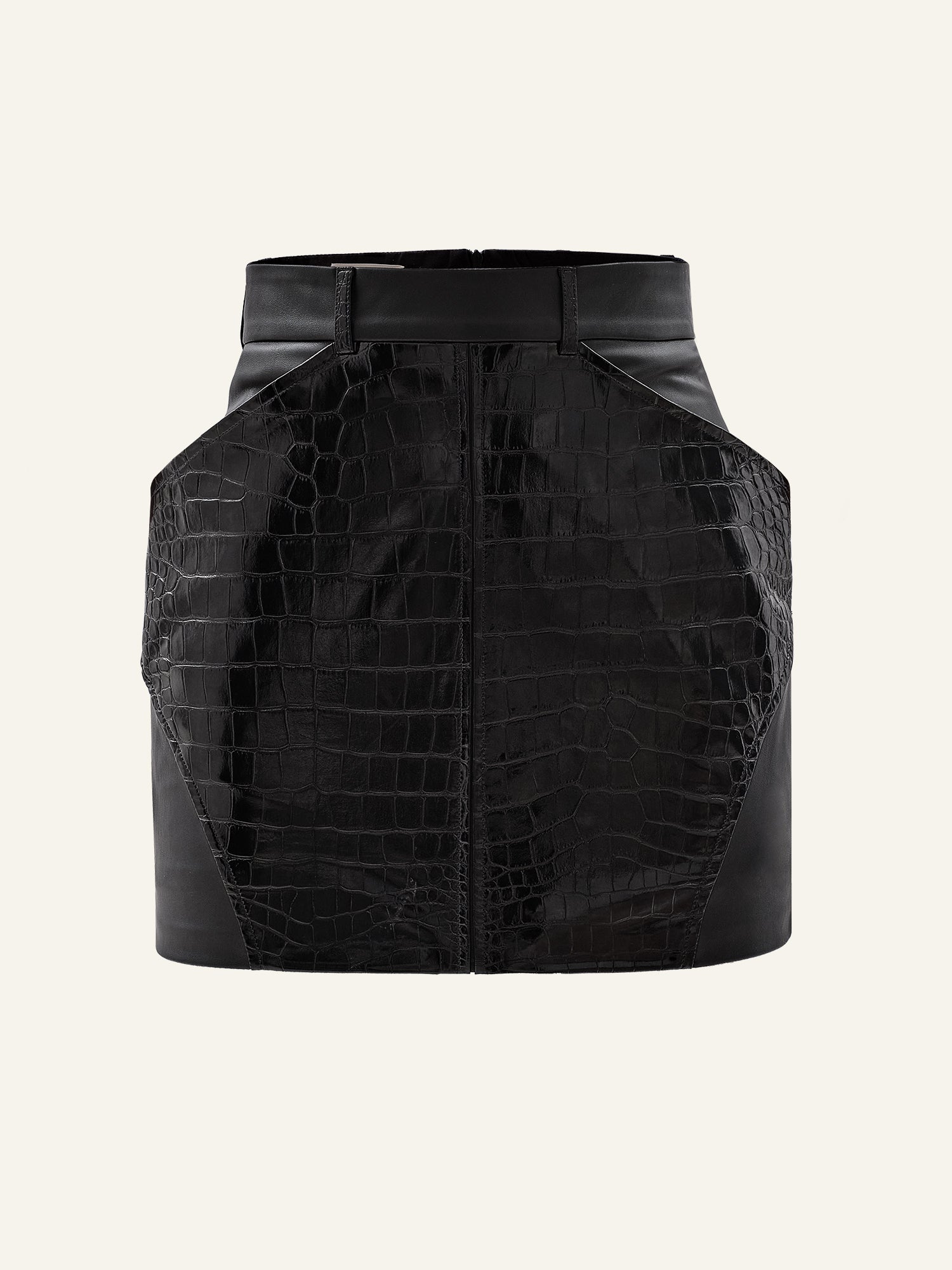 Product photo of a black vegan leather crocodile printed short skort
