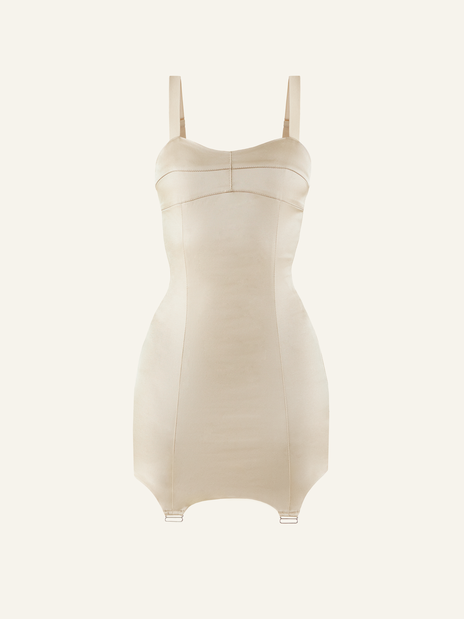 Product photo of a beige dress, featuring shorts underneath