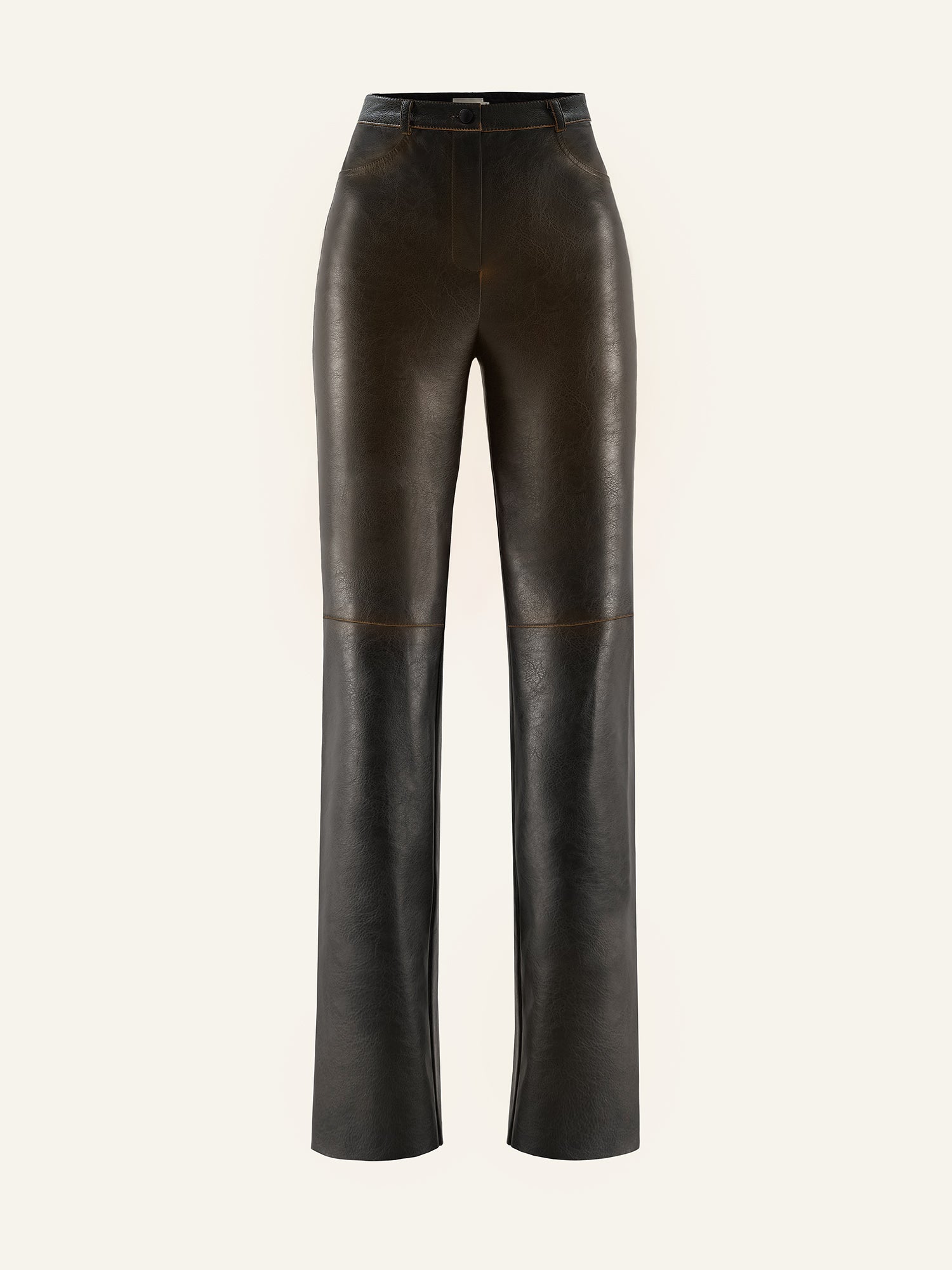 Product photo of brown vegan leather high rise straight leg pants