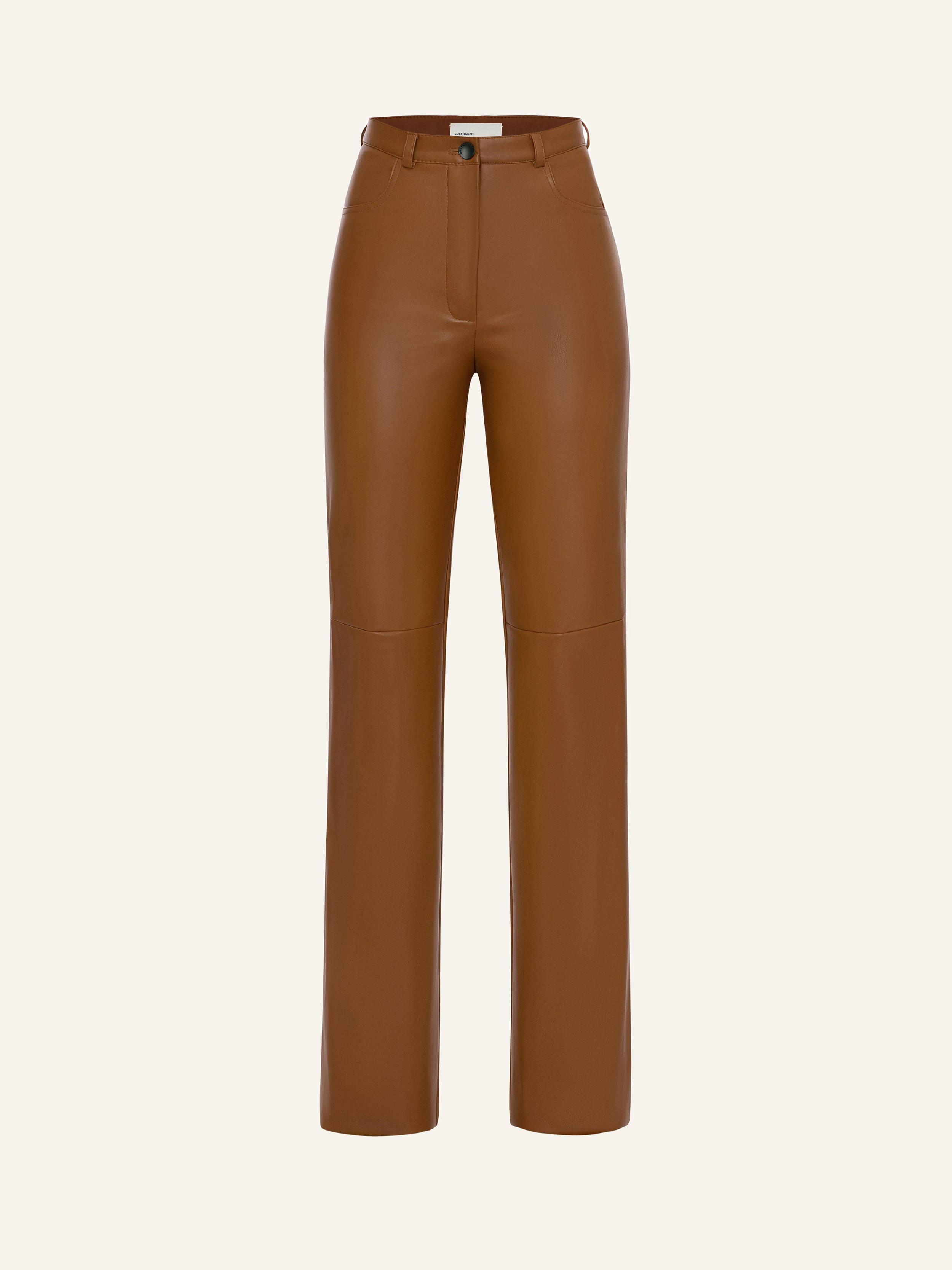 Product photo of brown vegan leather high rise straight leg pants