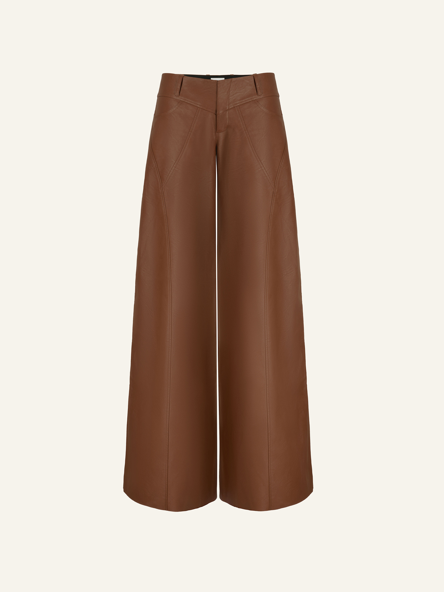 Product photo of brown vegan leather low rise wide leg pants