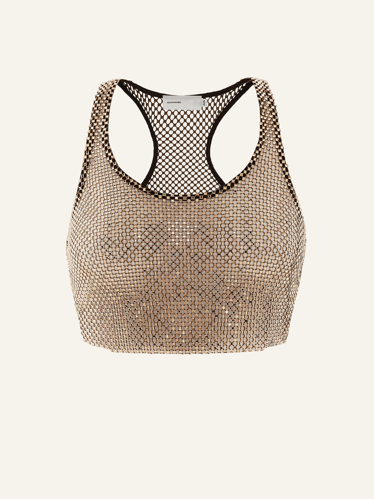 Product photo of a brown net cropped tank top decorated with rhinestones