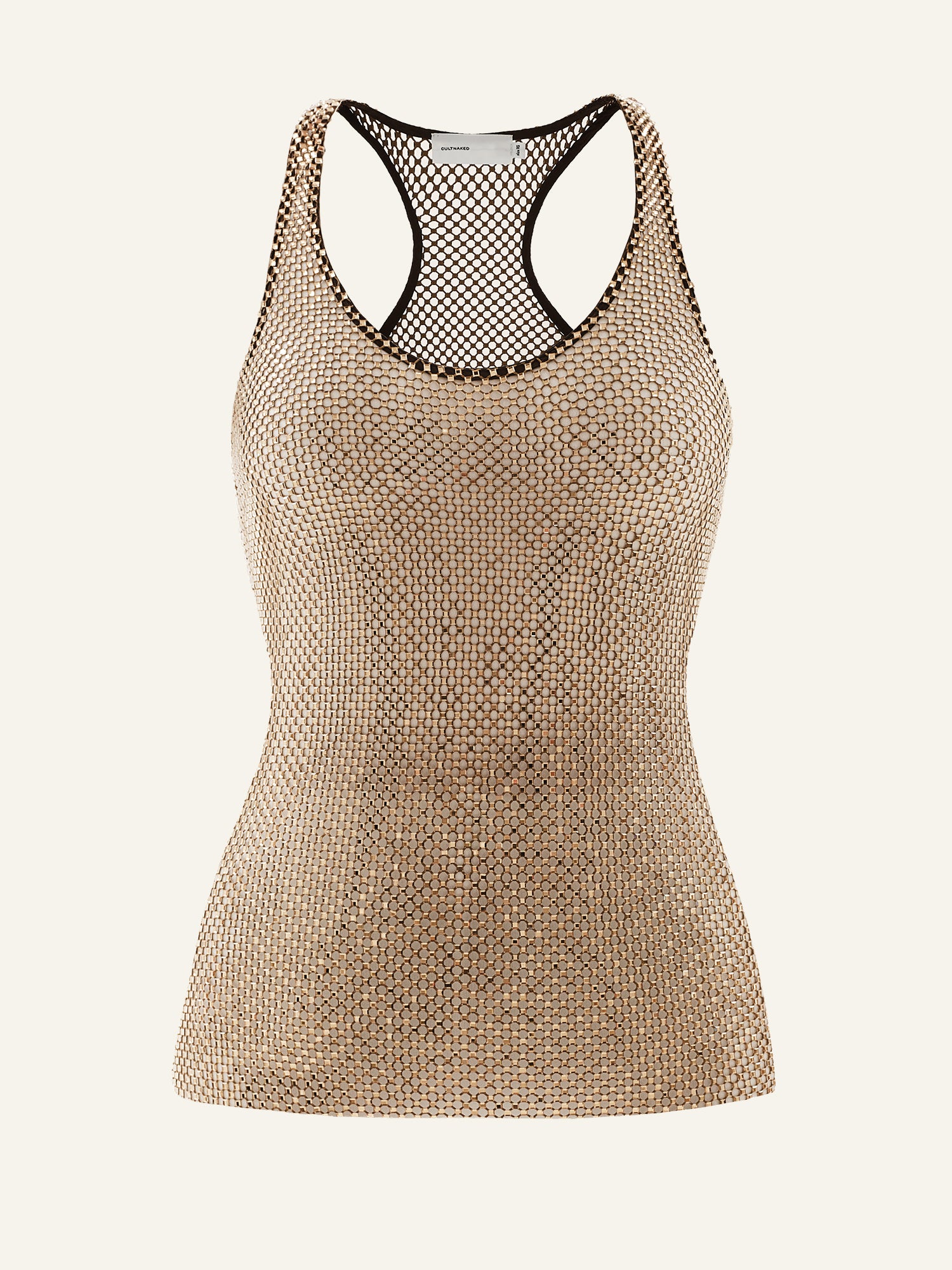 Product photo of a brown net tank top decorated with rhinestones