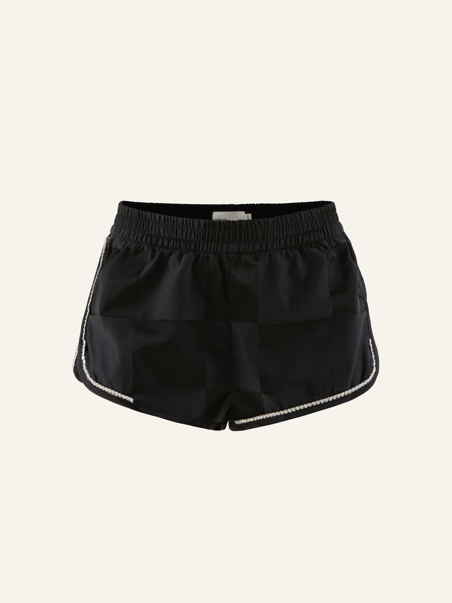 Product photo of black checkered cotton shorts, decorated with rhinestones