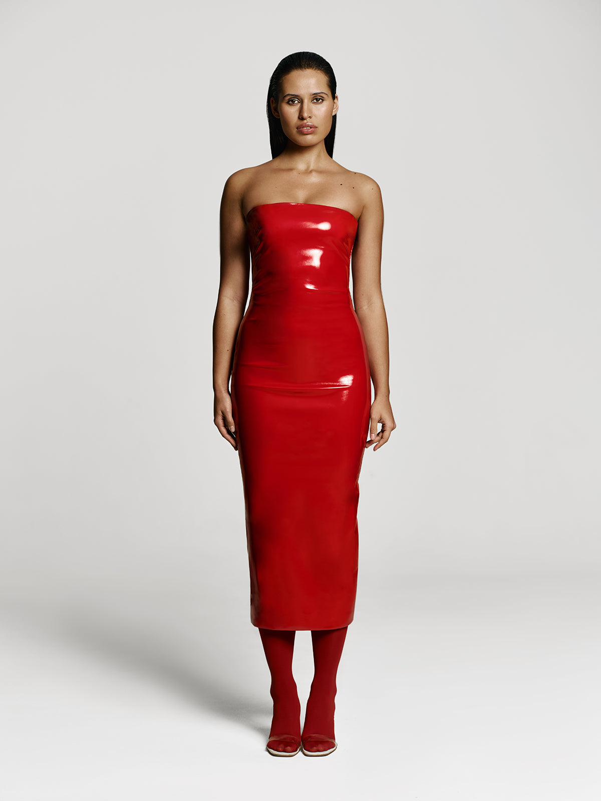 Girl in red leather dress