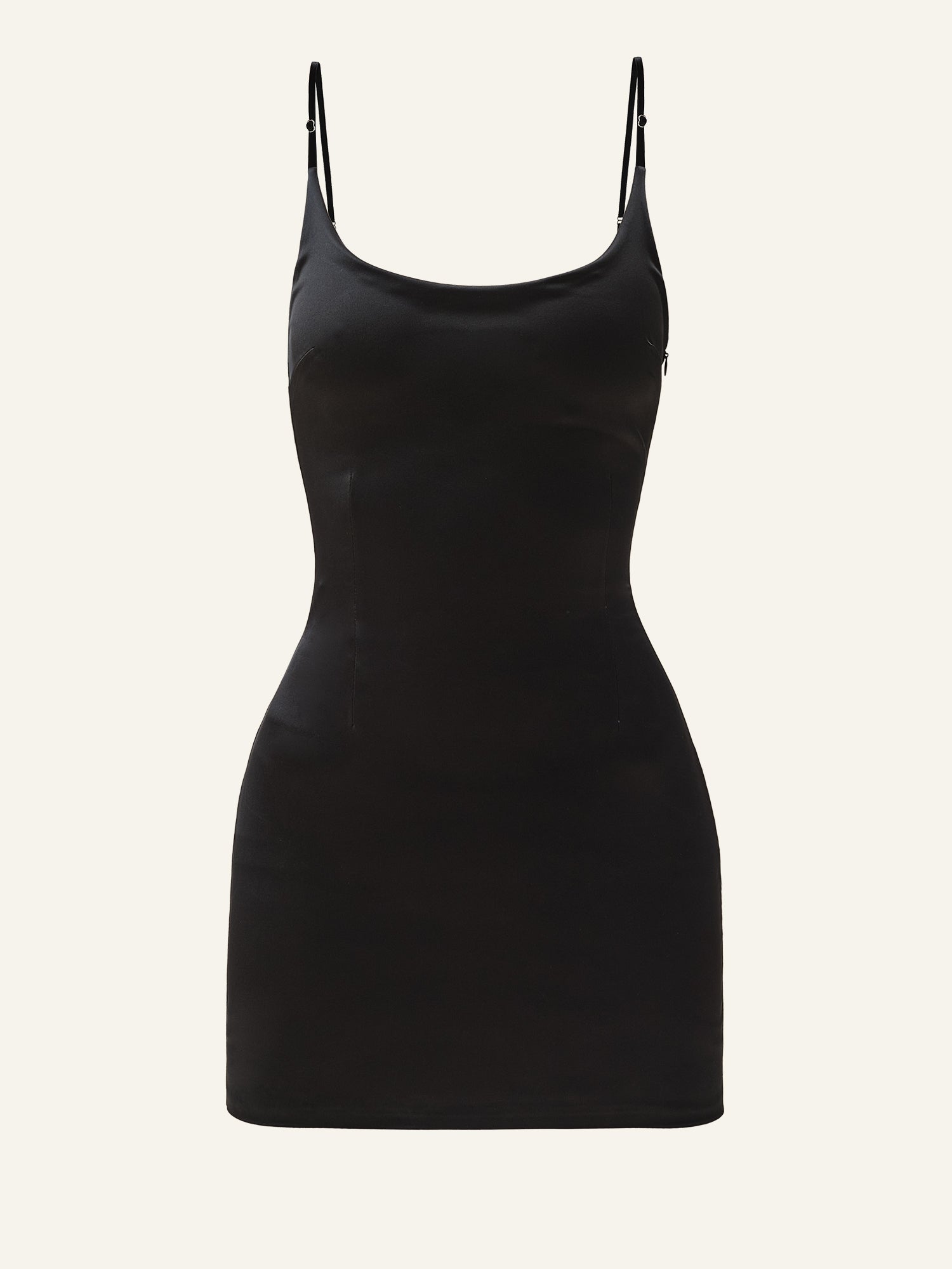 Product photo of a black mini dress, featuring shorts underneath
