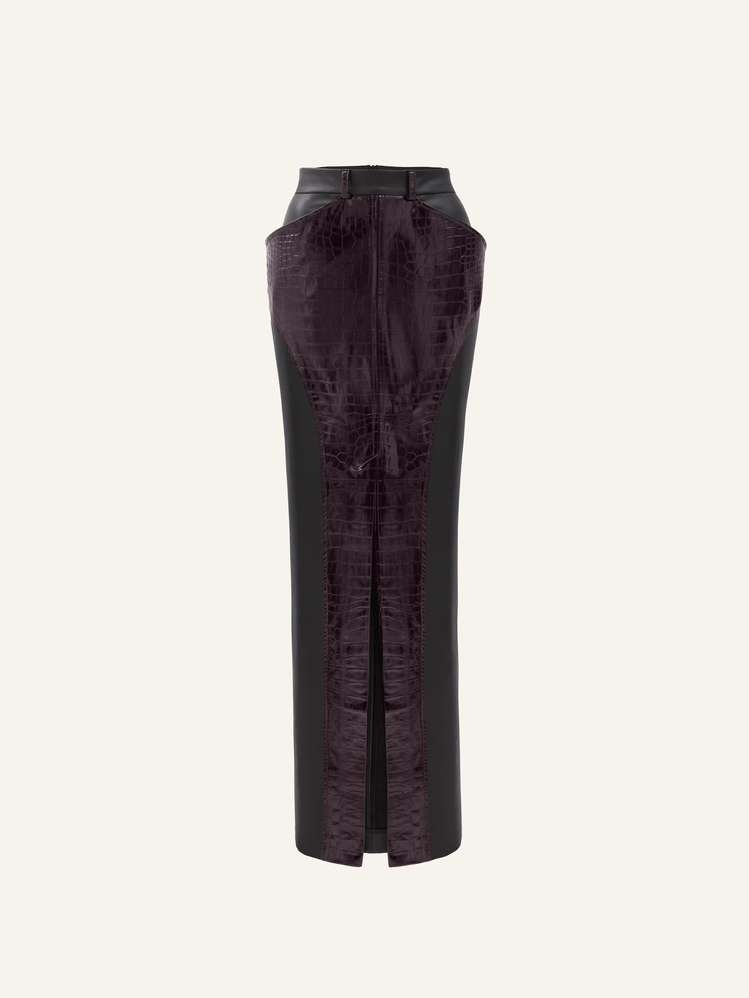 Product photo of a black vegan leather maxi skirt with a plum vegan crocodile printed leather insert with and high front slit