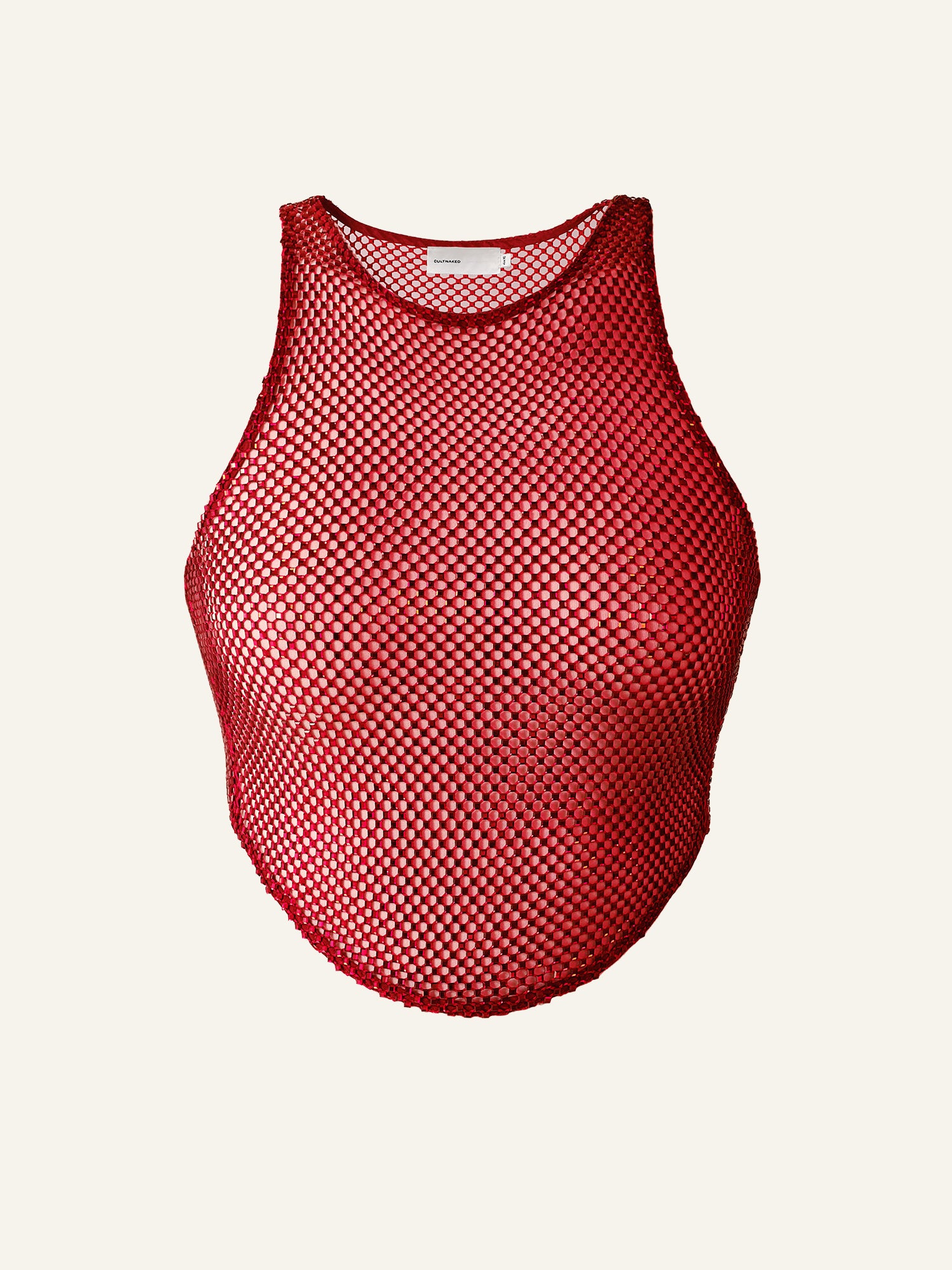 Product photo of a red asymmetric hem net crop top decorated with rhinestones