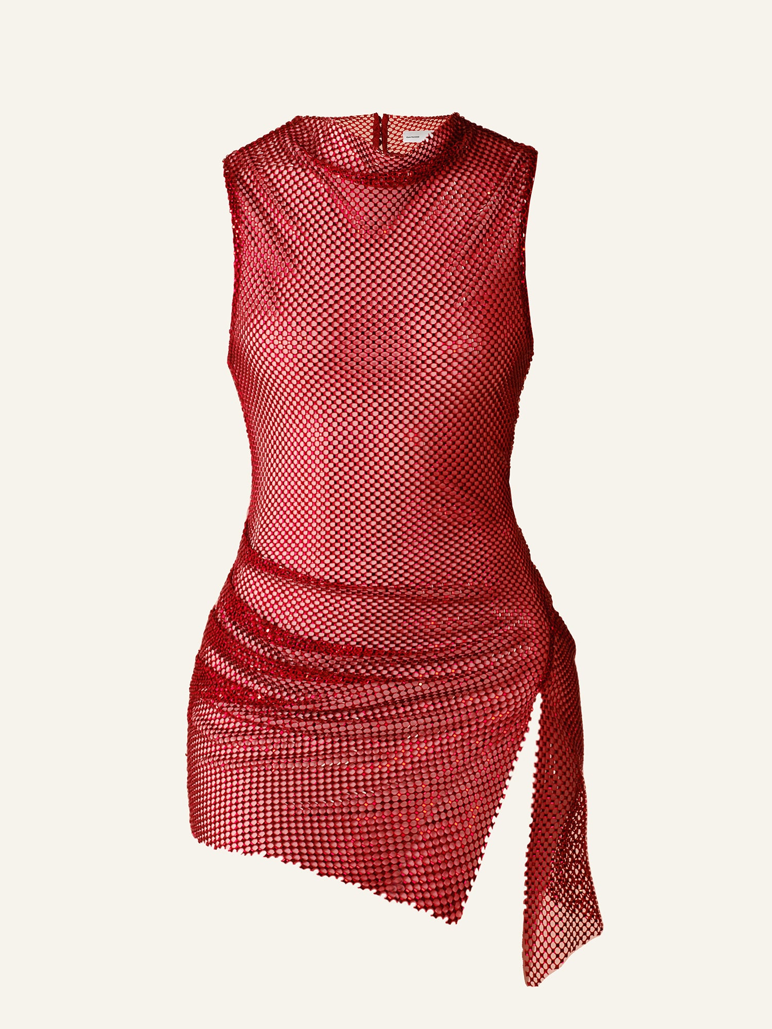 Product photo of a red net dress decorated with rhinestones, draping on the side, a leg slit and a cut out at the back