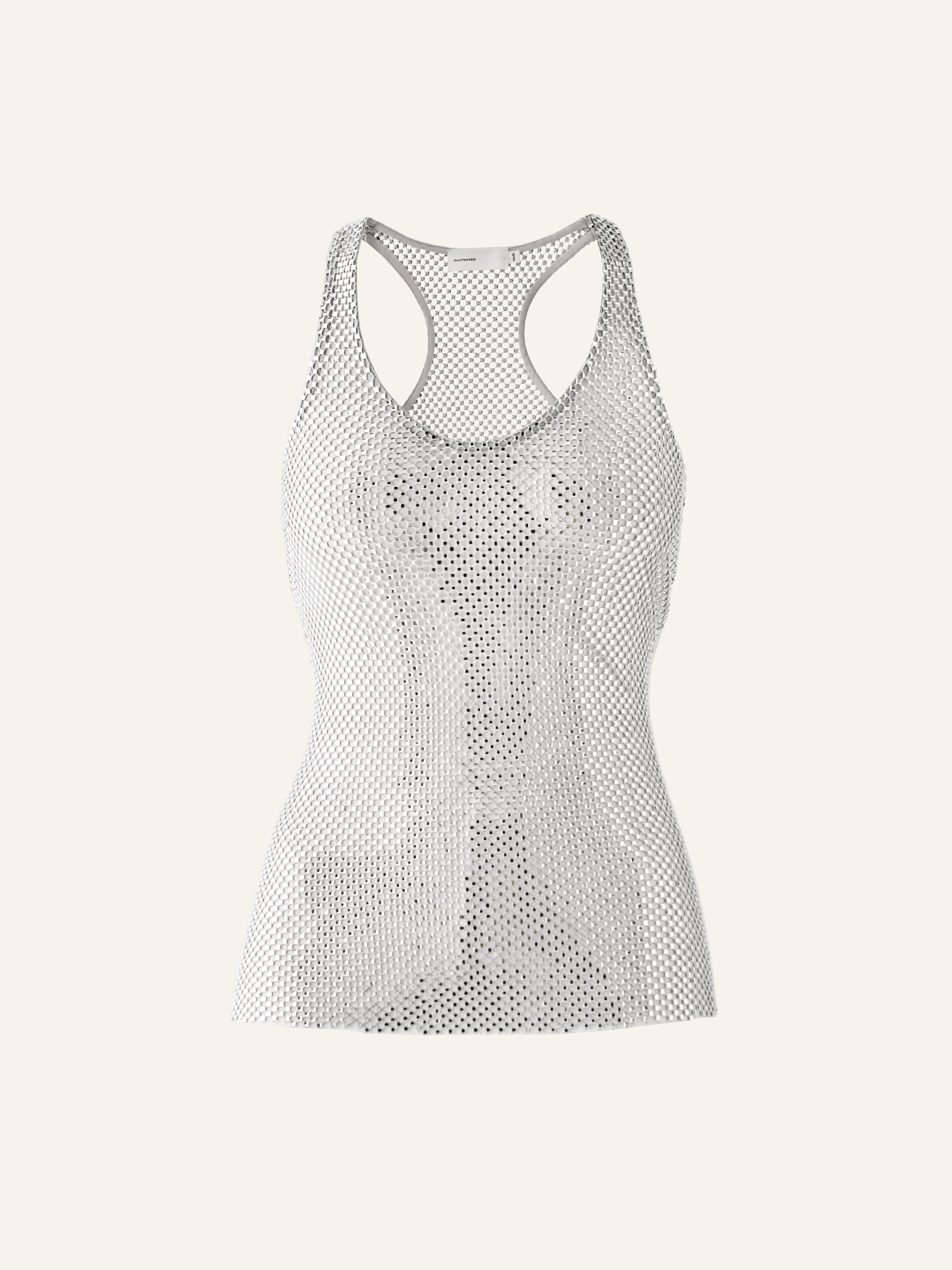 Product photo of a grey net tank top decorated with rhinestones
