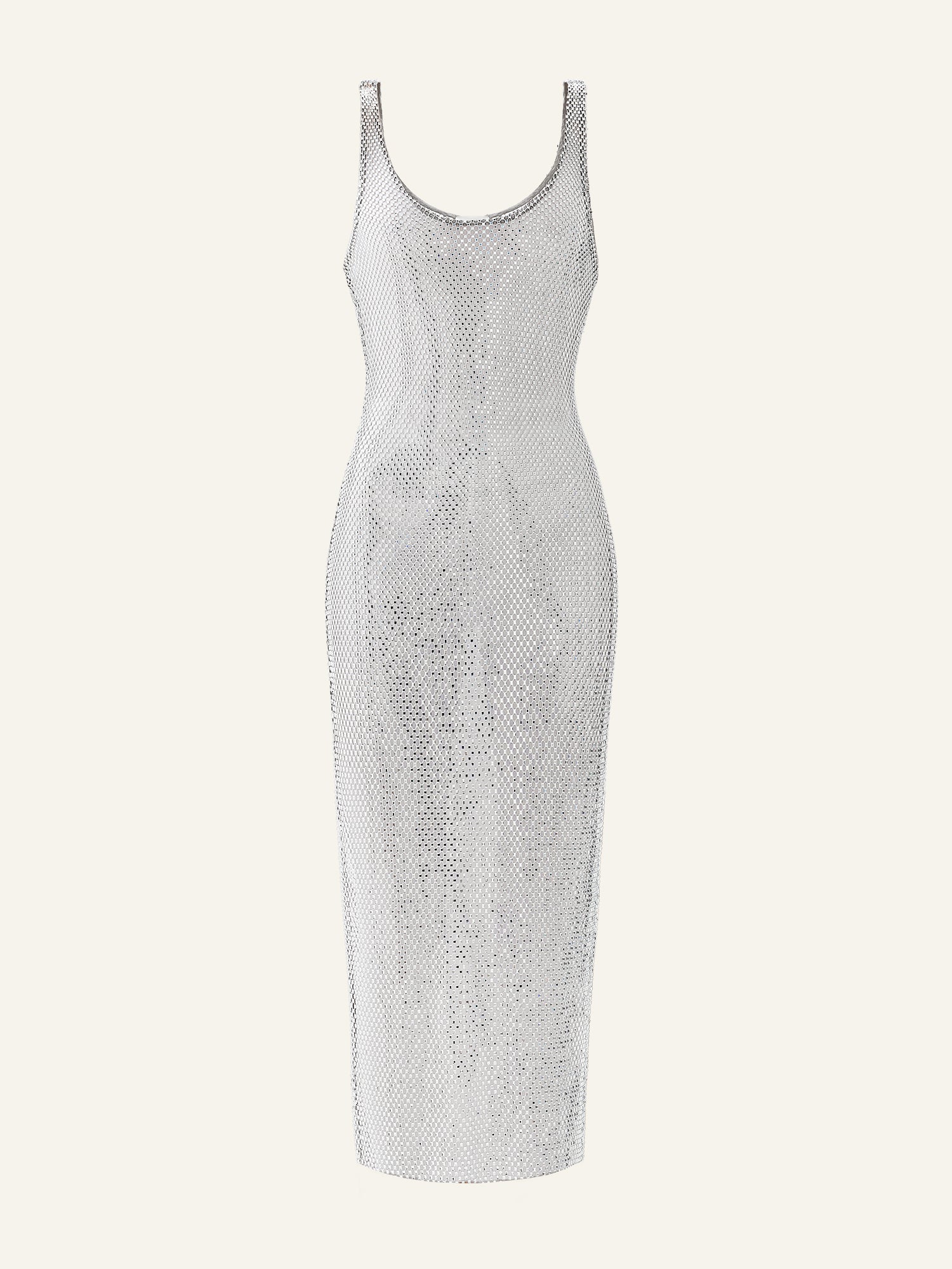 Product photo of a grey net long tank dress decorated with rhinestones and high slit at the back