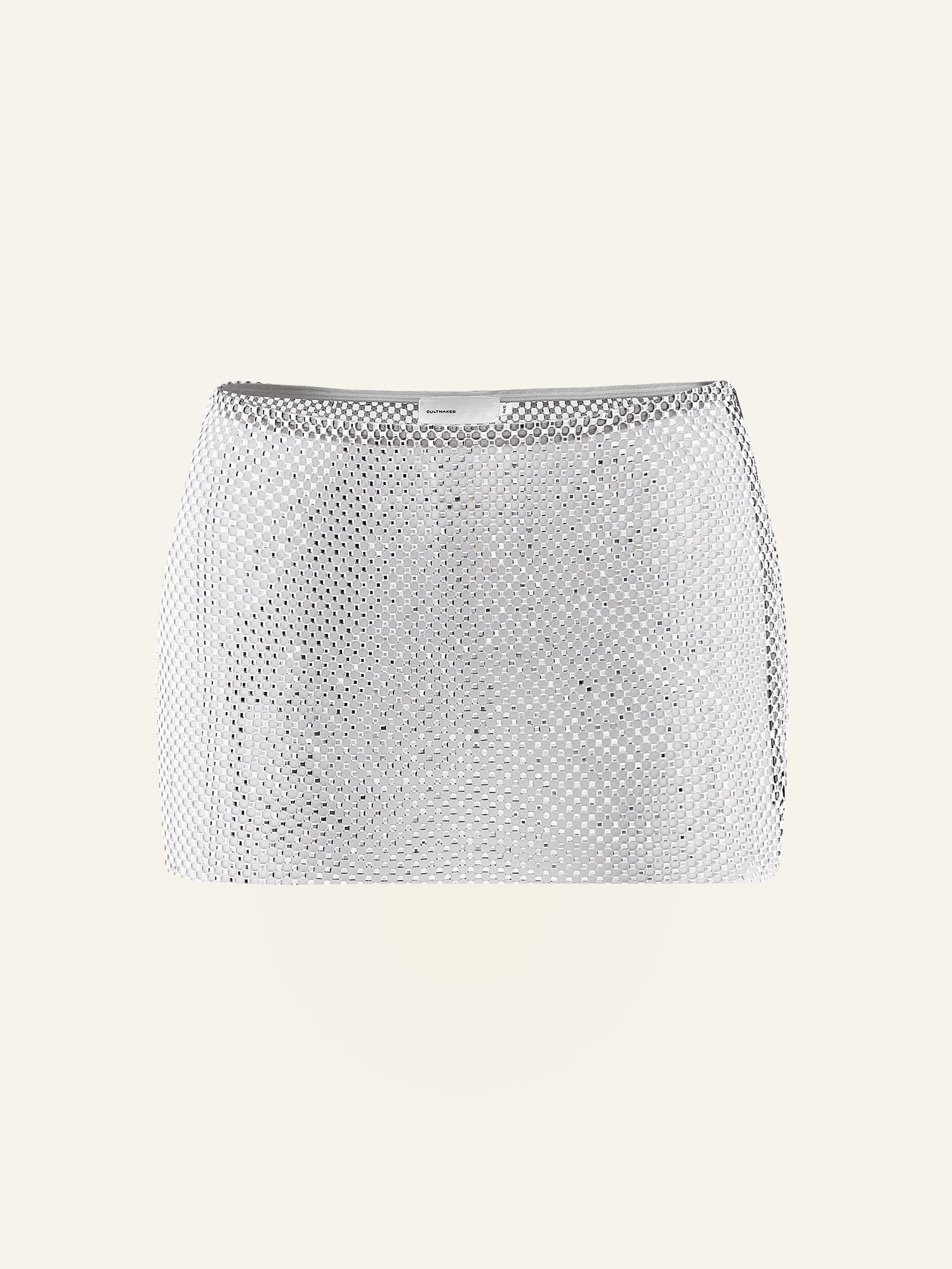 Product photo of a grey net mini skirt decorated with rhinestones