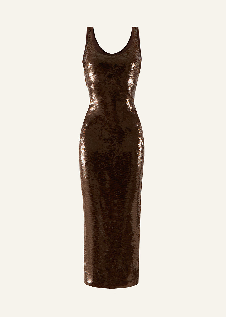 Product photo of a brown sequined ankle length tank dress
