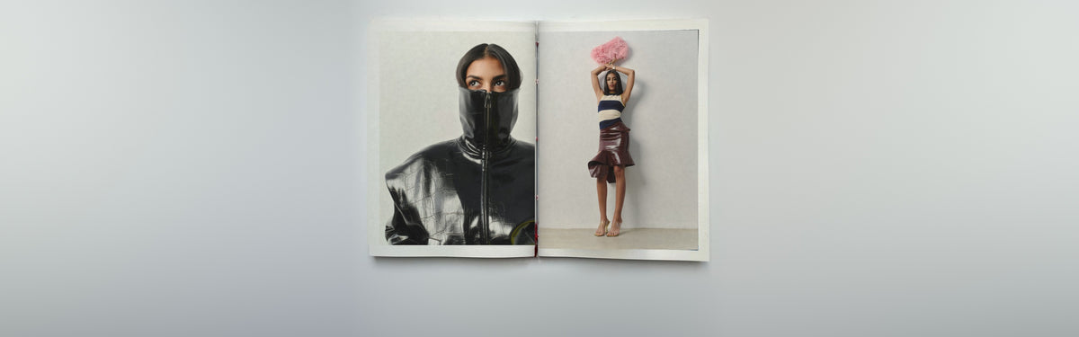 Book spread: Kylo jacket, striped top and Siren skirt in Burgundy Patent