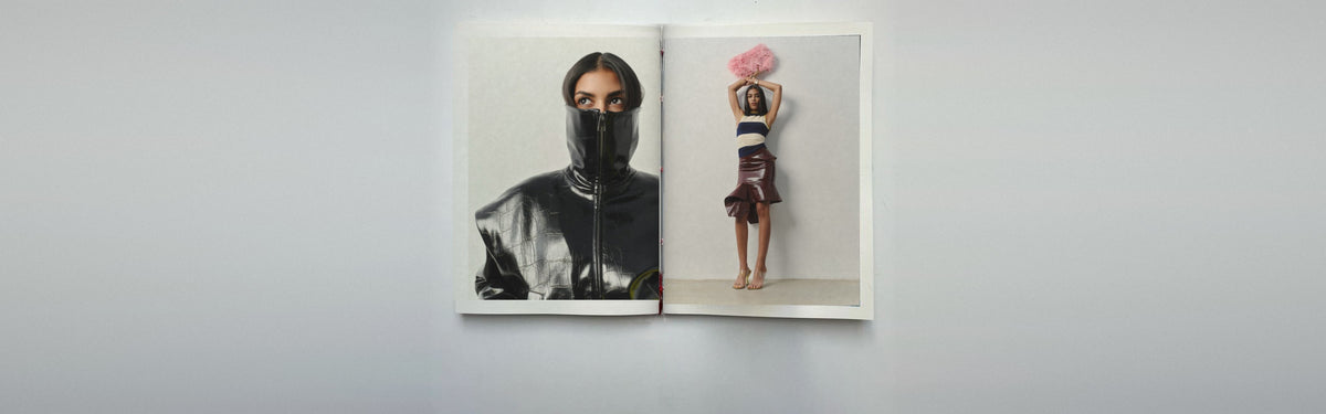 Book spread: Kylo jacket, striped top and Siren skirt in Burgundy Patent