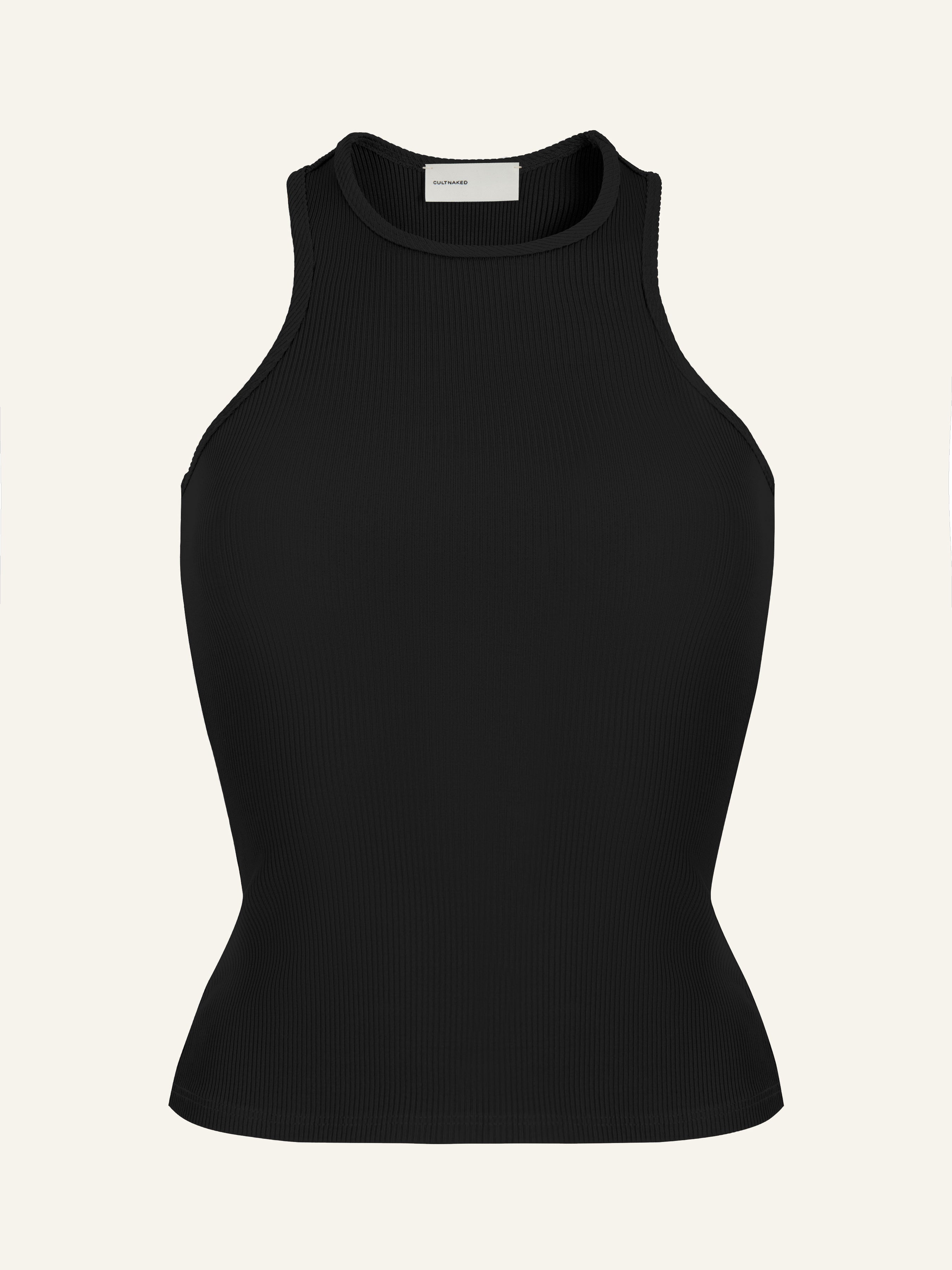 Product photography of black viscose tank top