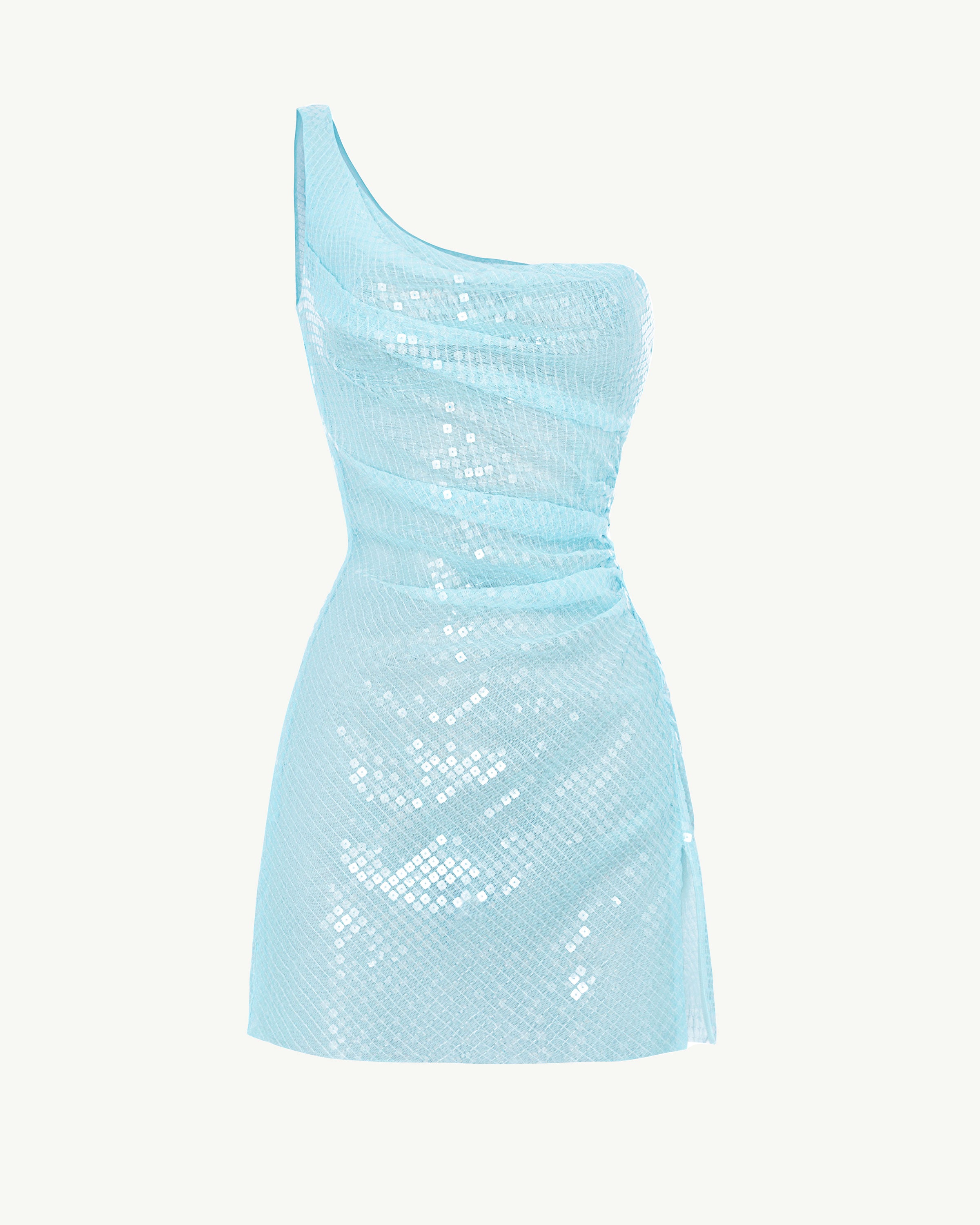Product photography of a light blue semi-transparent sequinned one shoulder mini dress