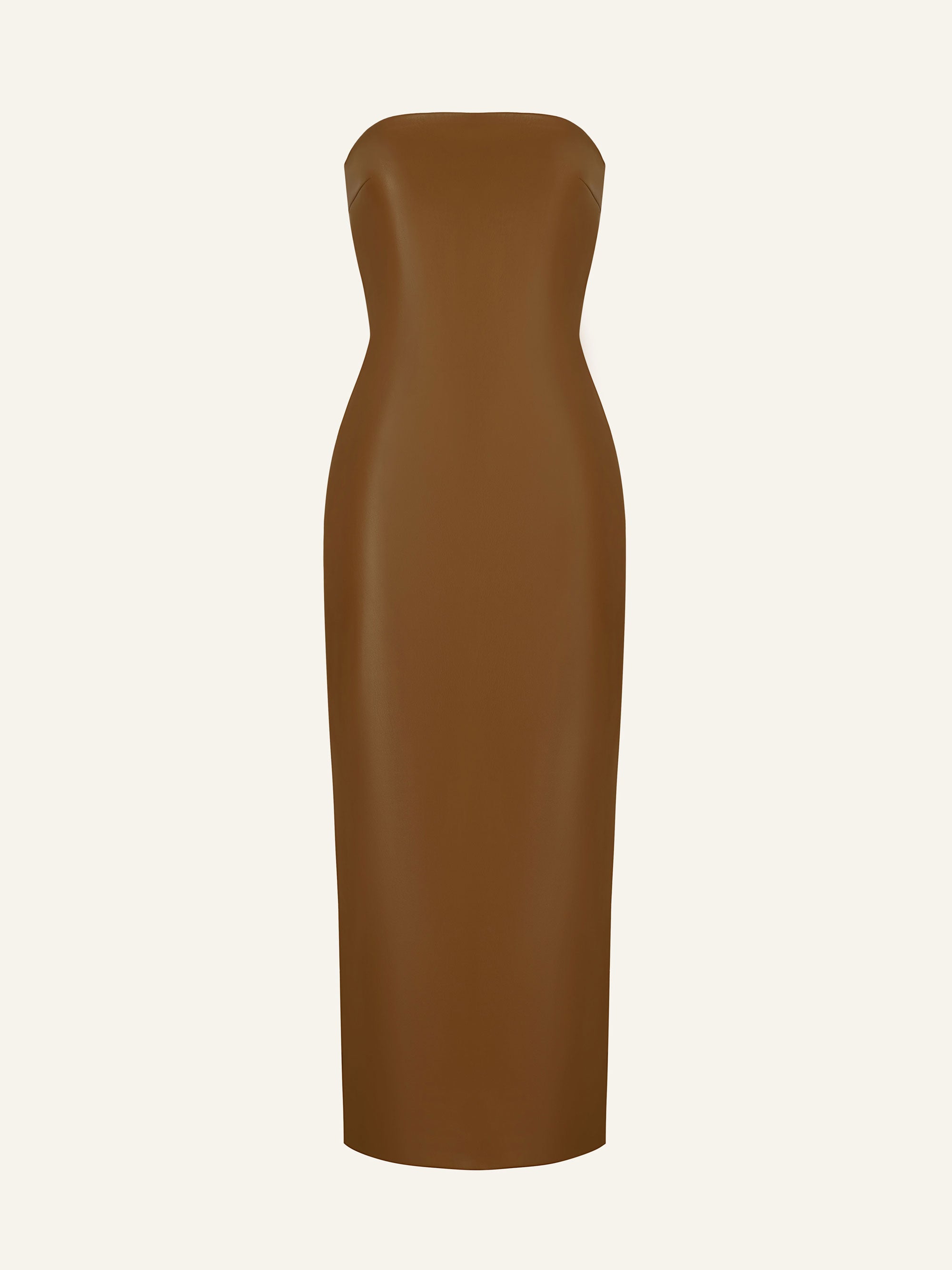 Product photo of a brown vegan leather tube dress