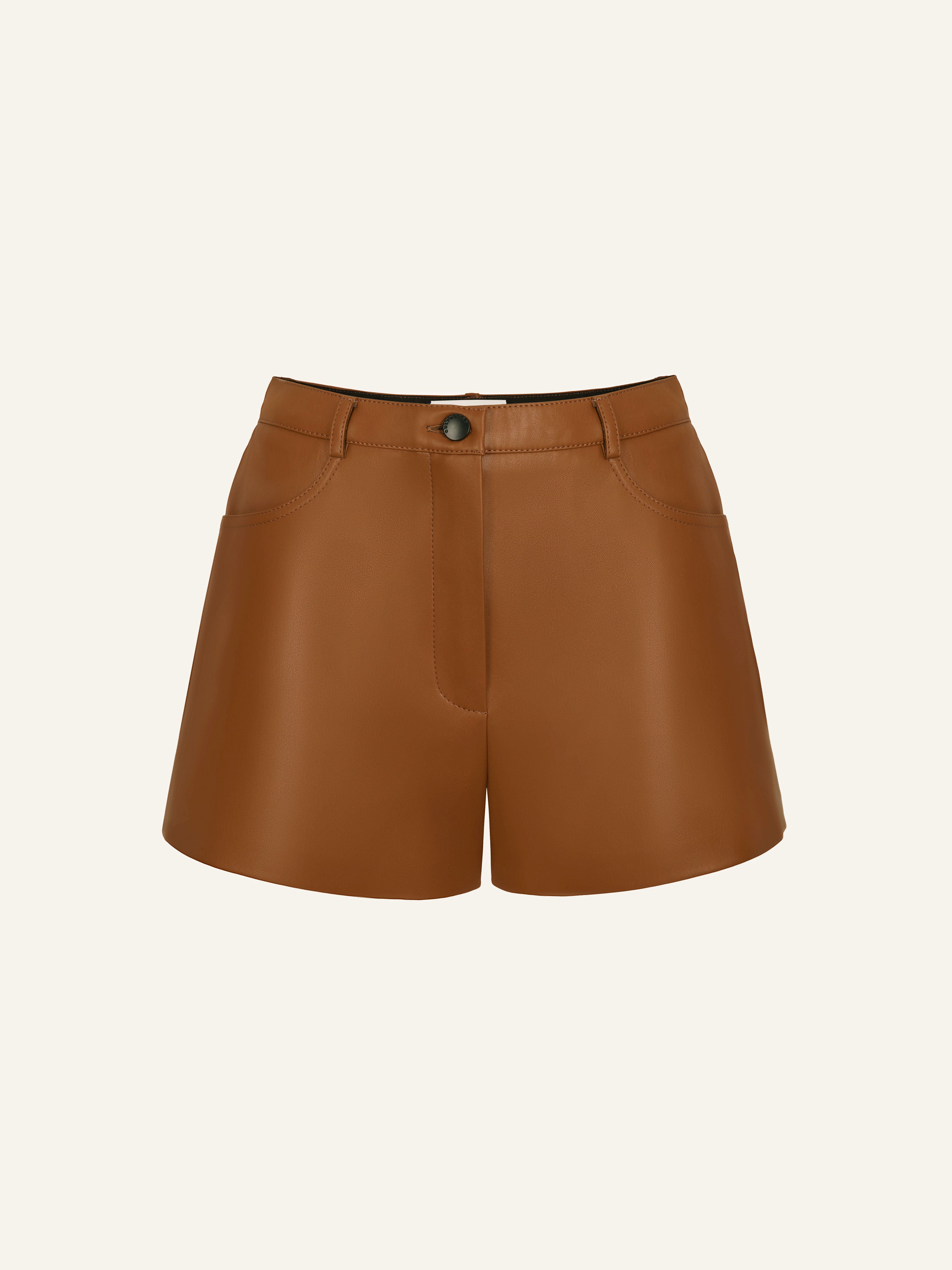Product photo of brown vegan leather high rise shorts