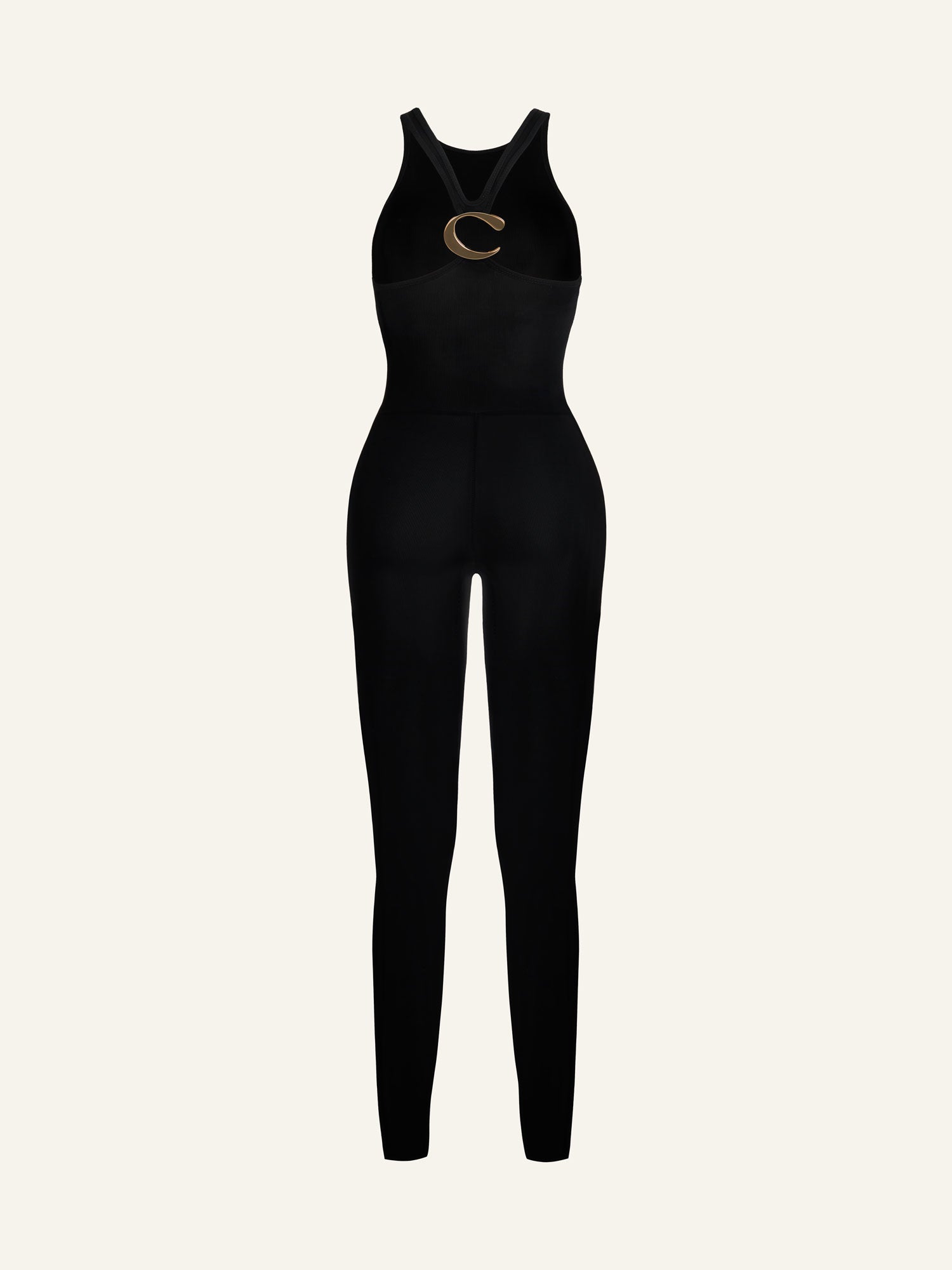 Product photo from the back of a black viscose jumpsuit
