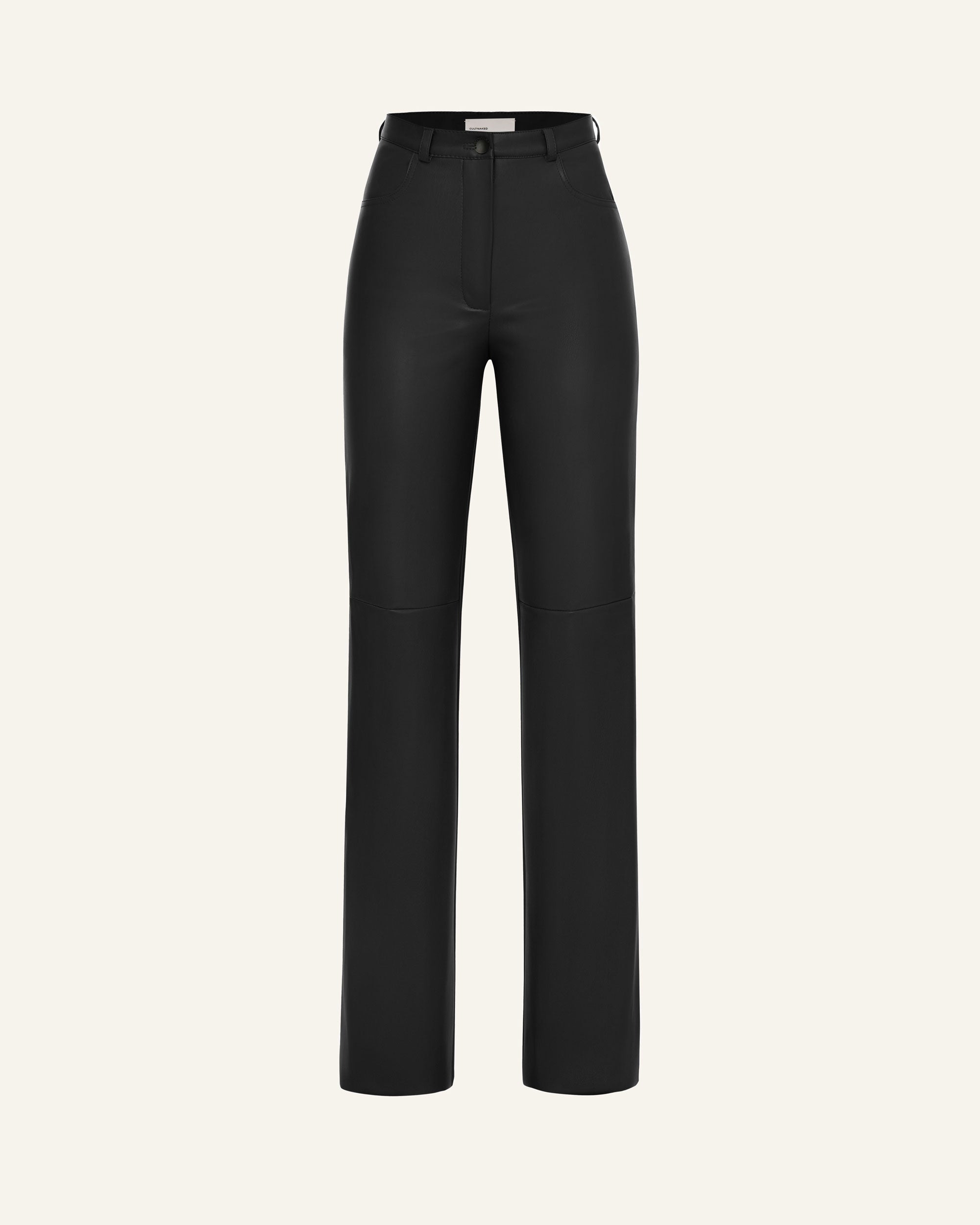 Product photo of black vegan leather high rise straight leg pants