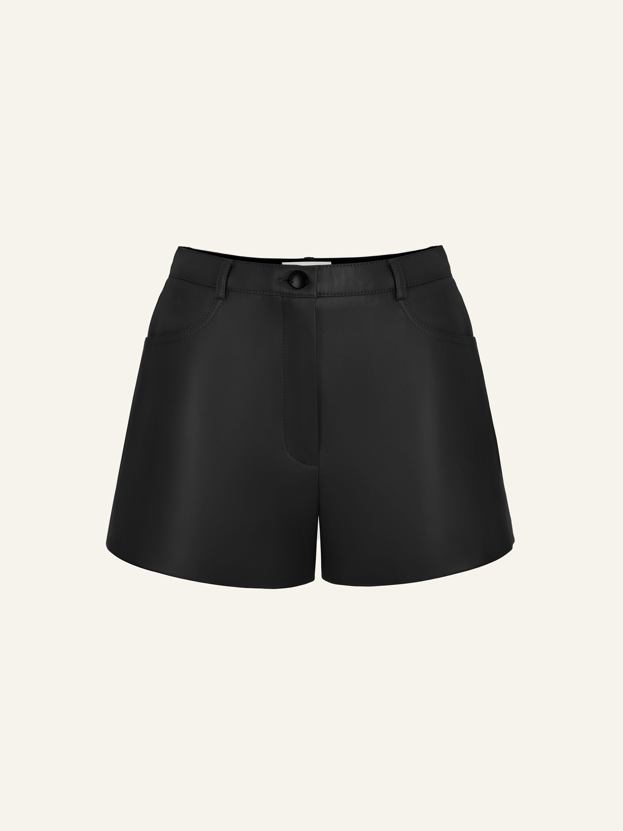 Product photo of black vegan leather high rise shorts