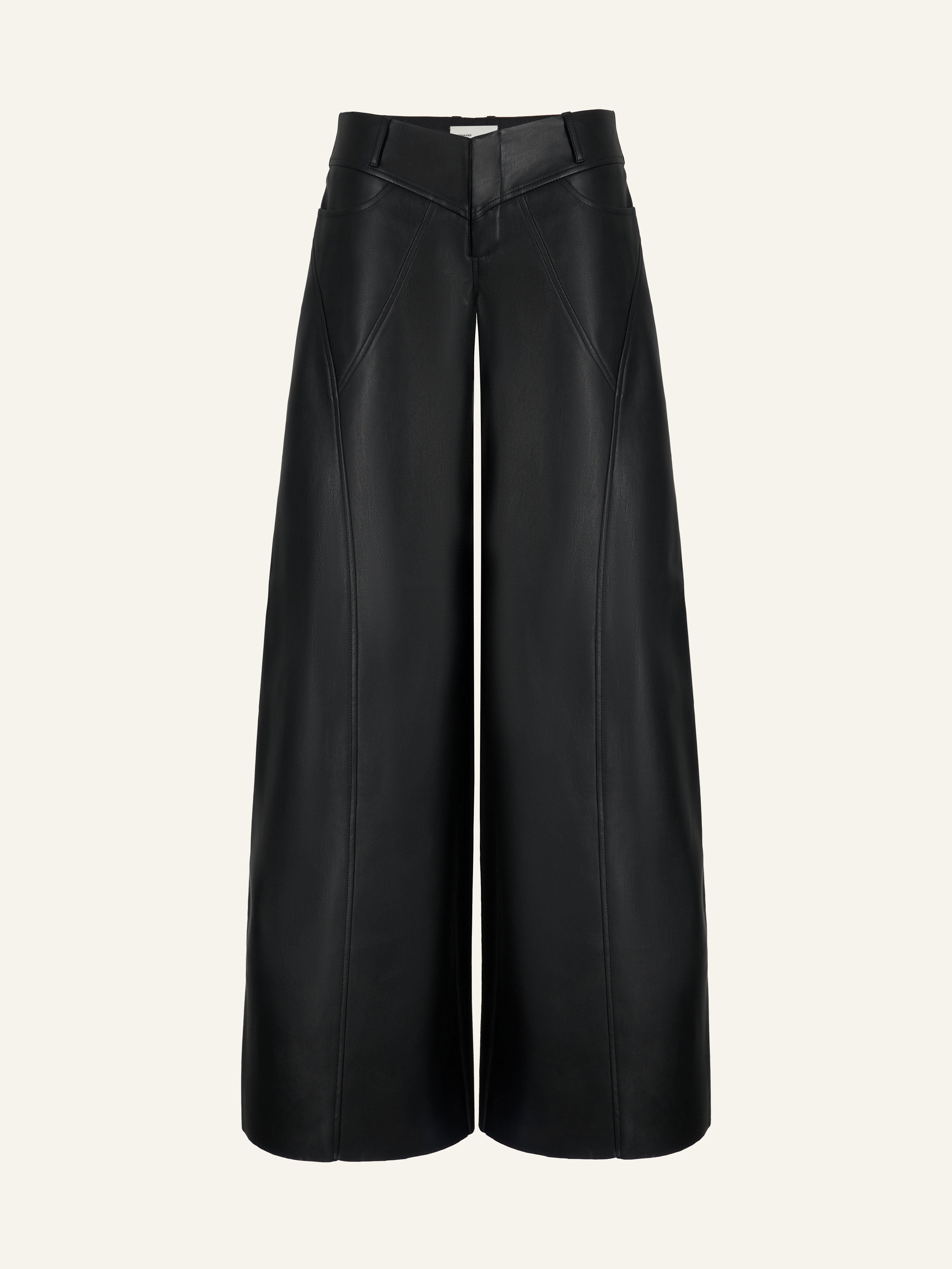 Product photo of black vegan leather low rise wide leg pants