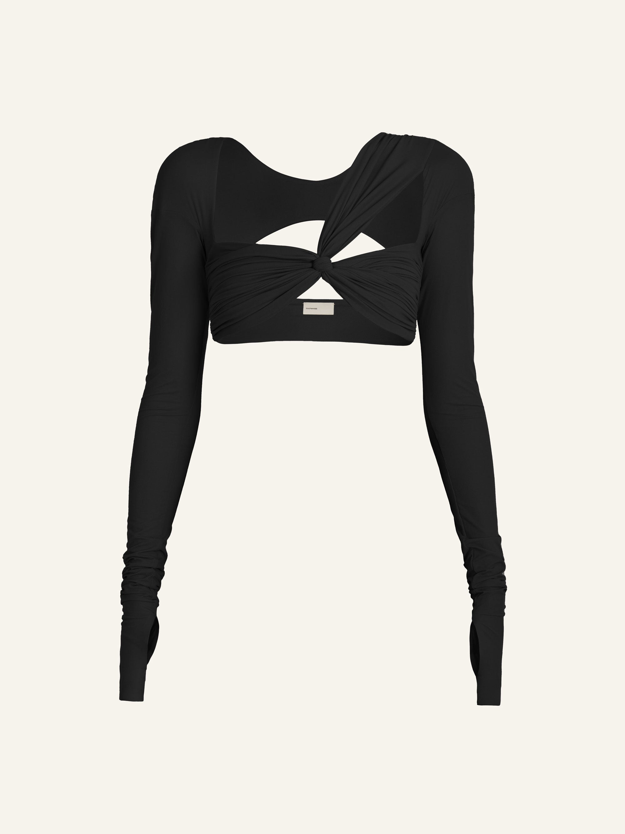 Product photo of a black long sleeved crop top