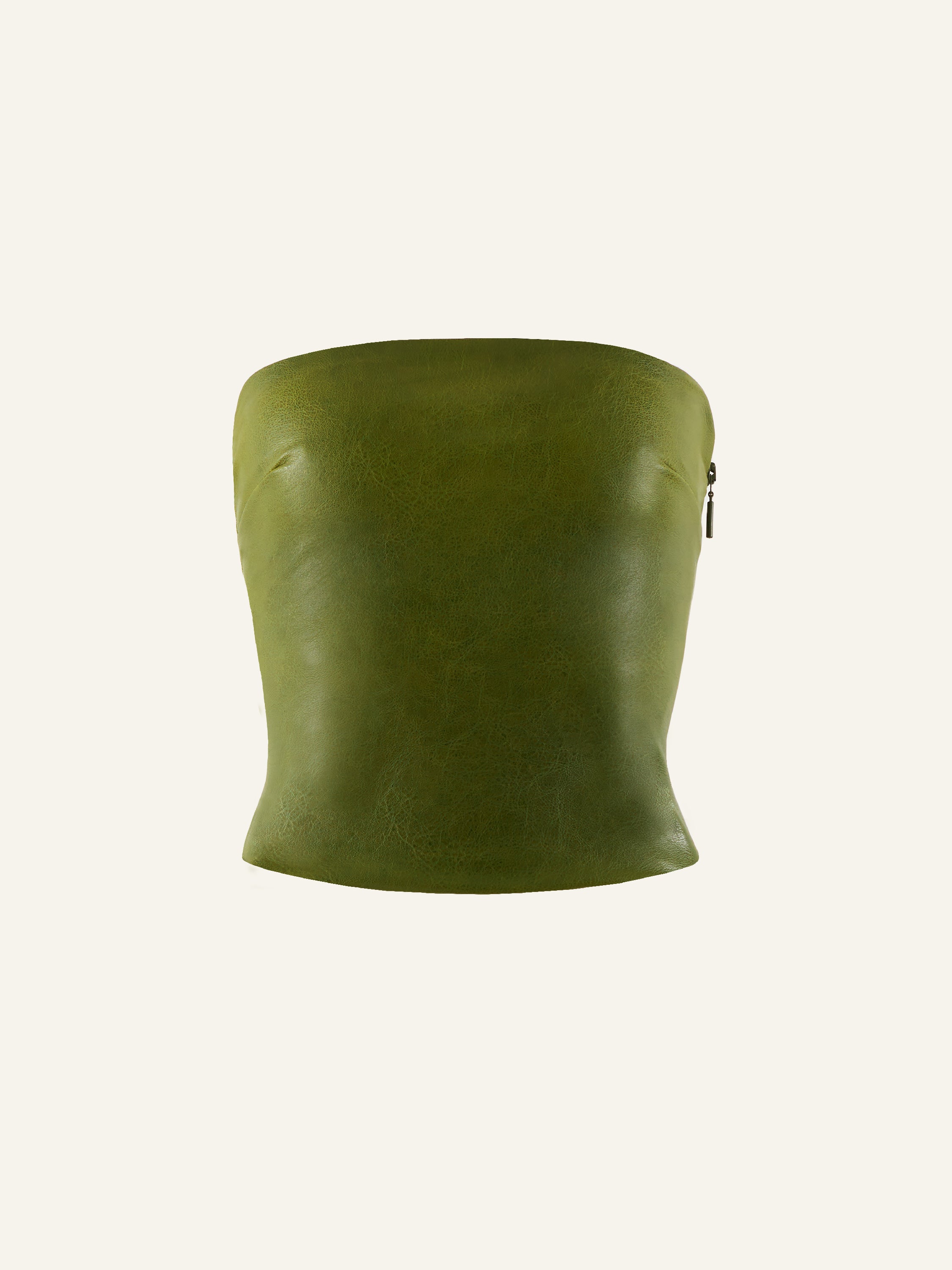 Product photo of a green vegan leather tube top