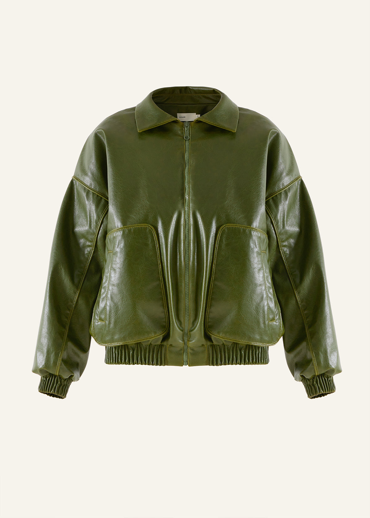 Product photo of a green vegan leather oversized bomber