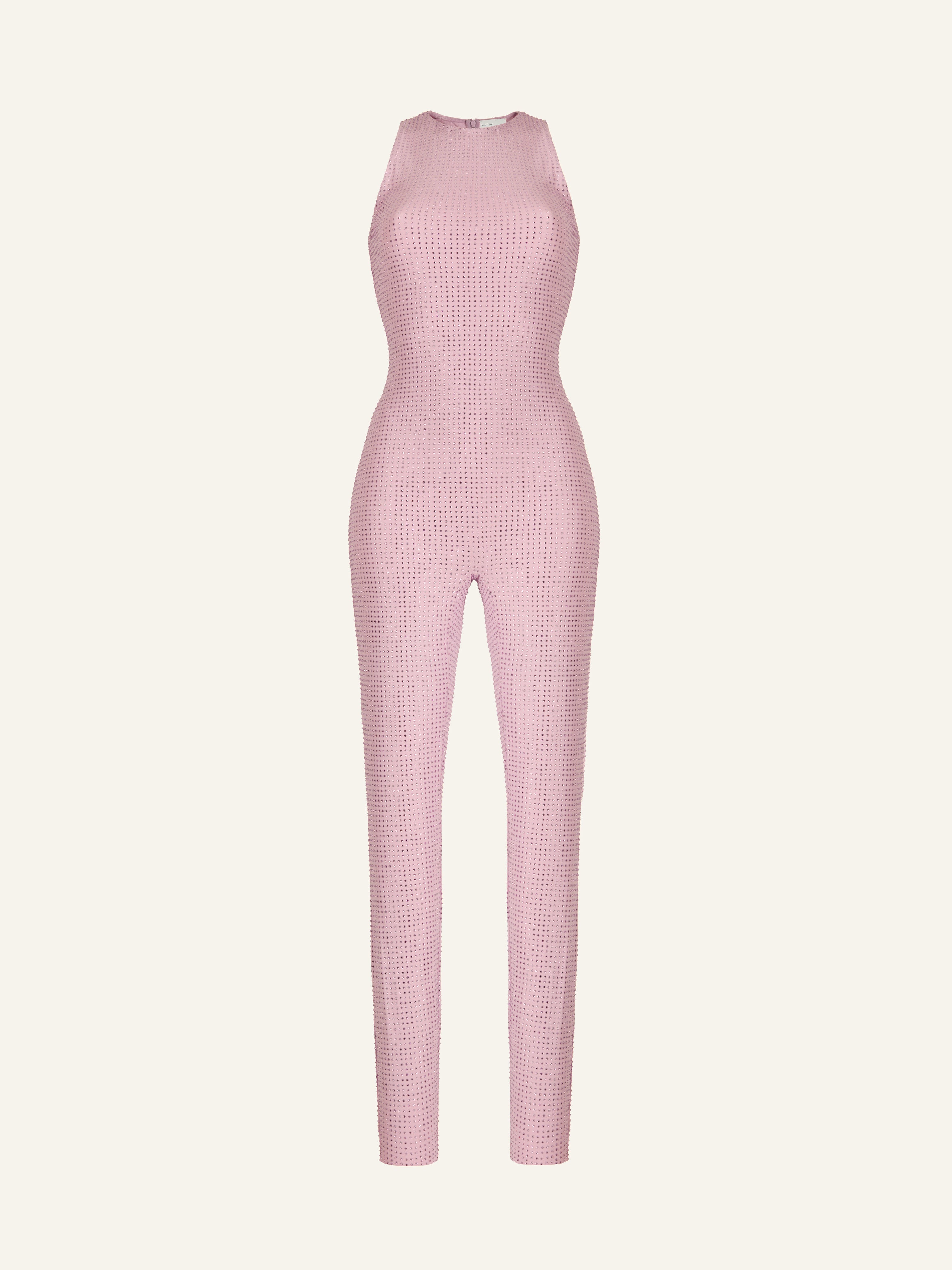 Product photo of a pink sleeveless jumpsuit decorated with Swarovski crystals