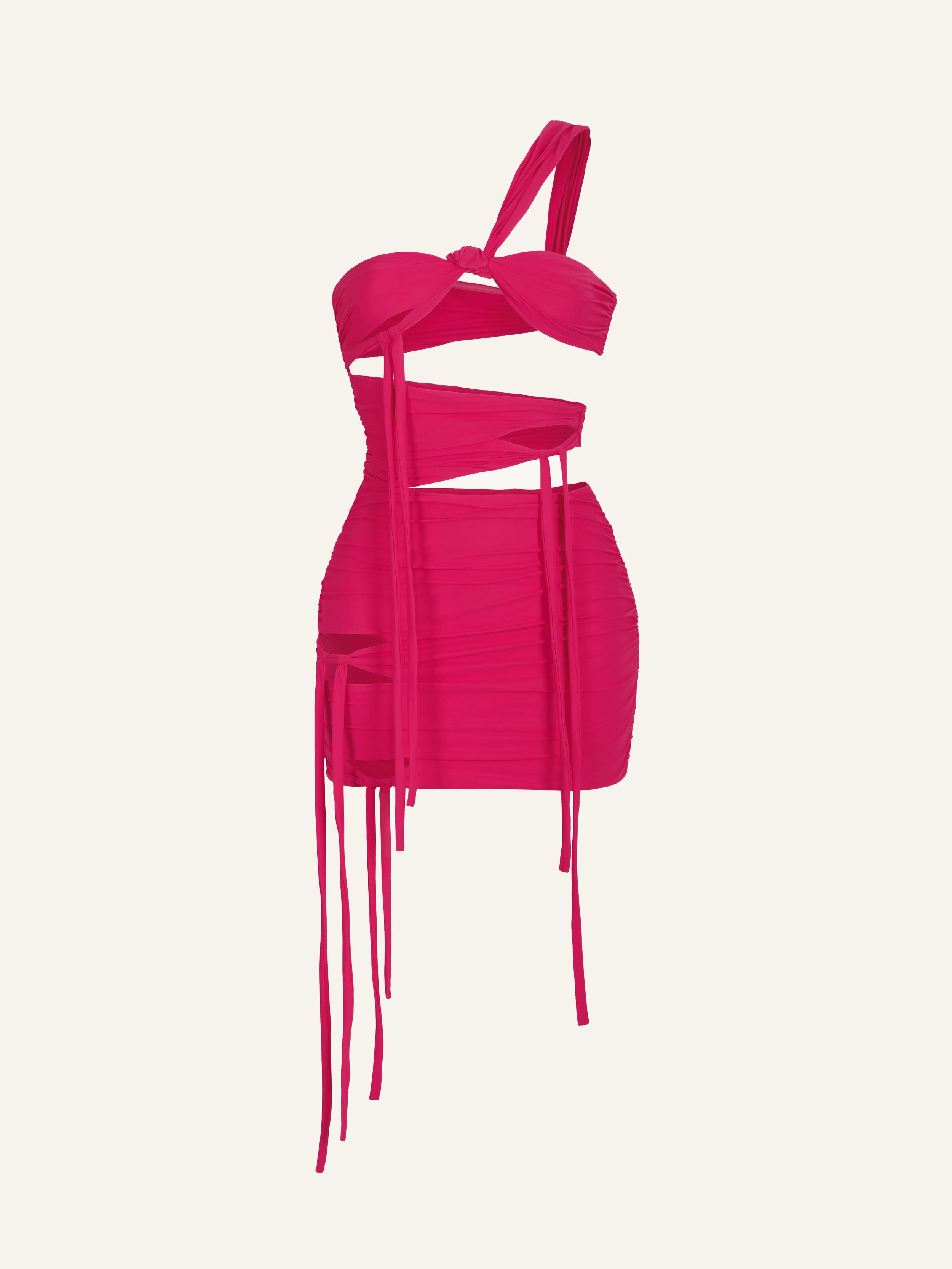 Product photo of a pink one shoulder mini dress with extended laces, featuring horizontal cuts