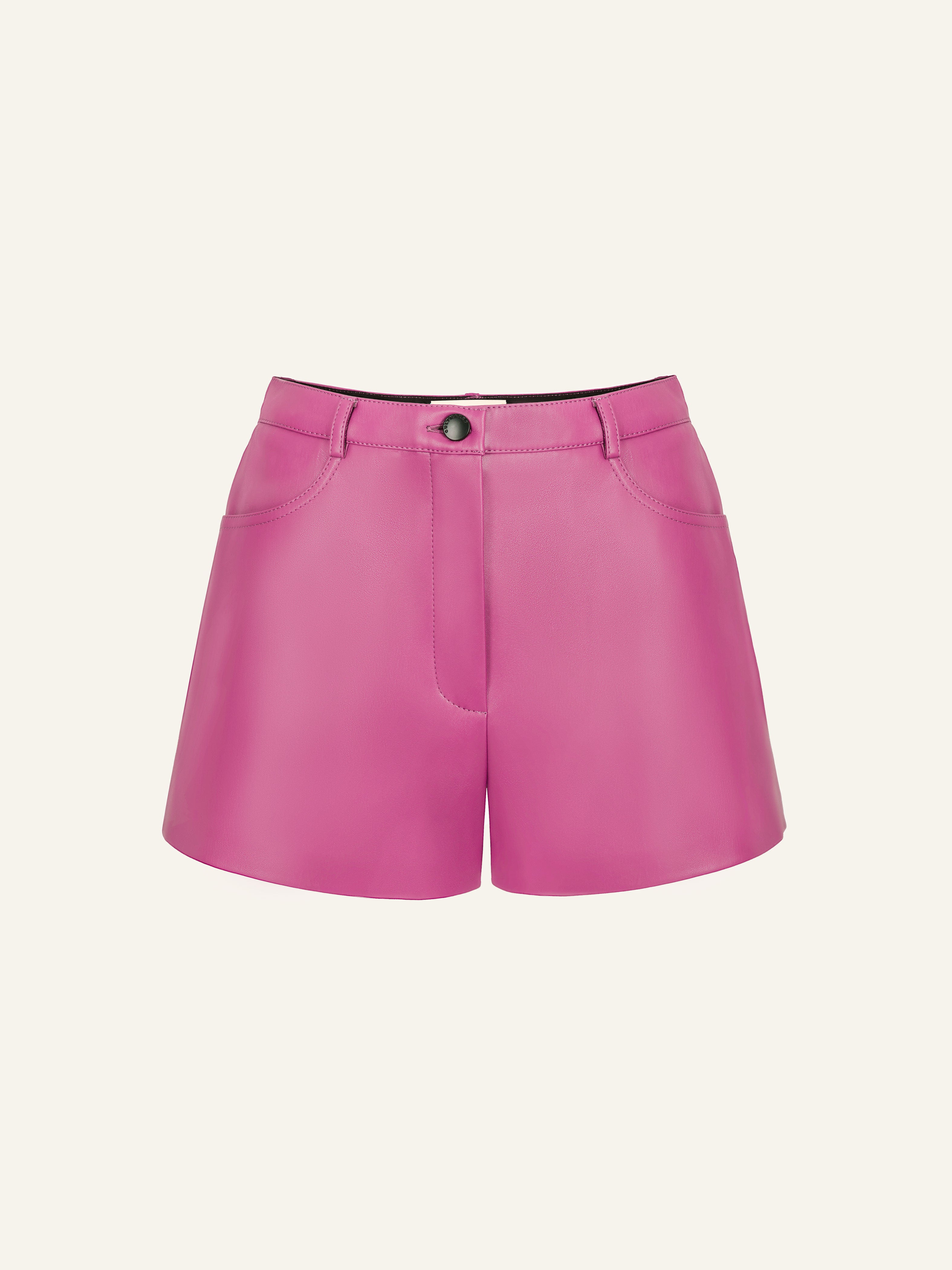 Product photo of pink vegan leather high rise shorts