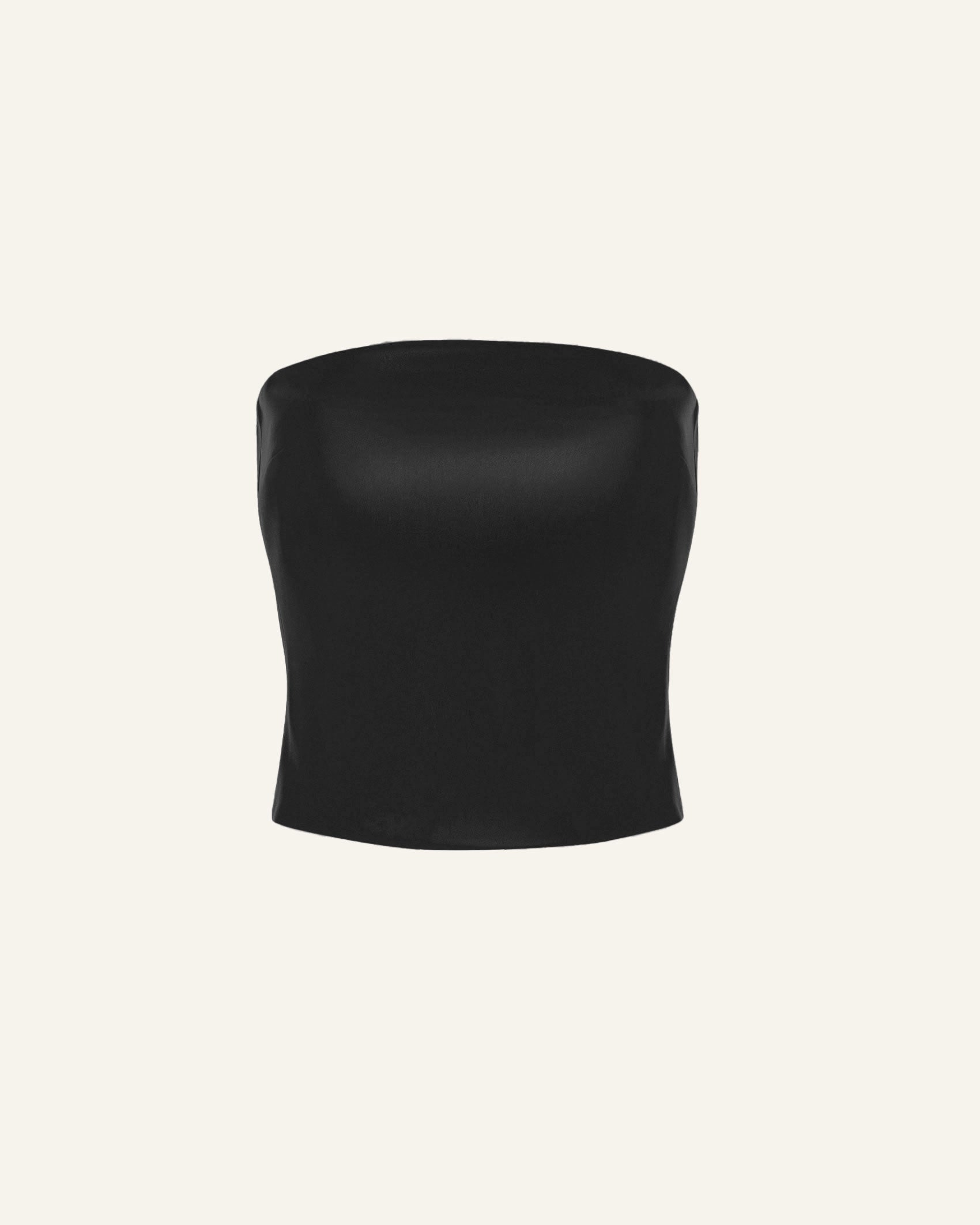 Product photo of a black vegan leather tube top