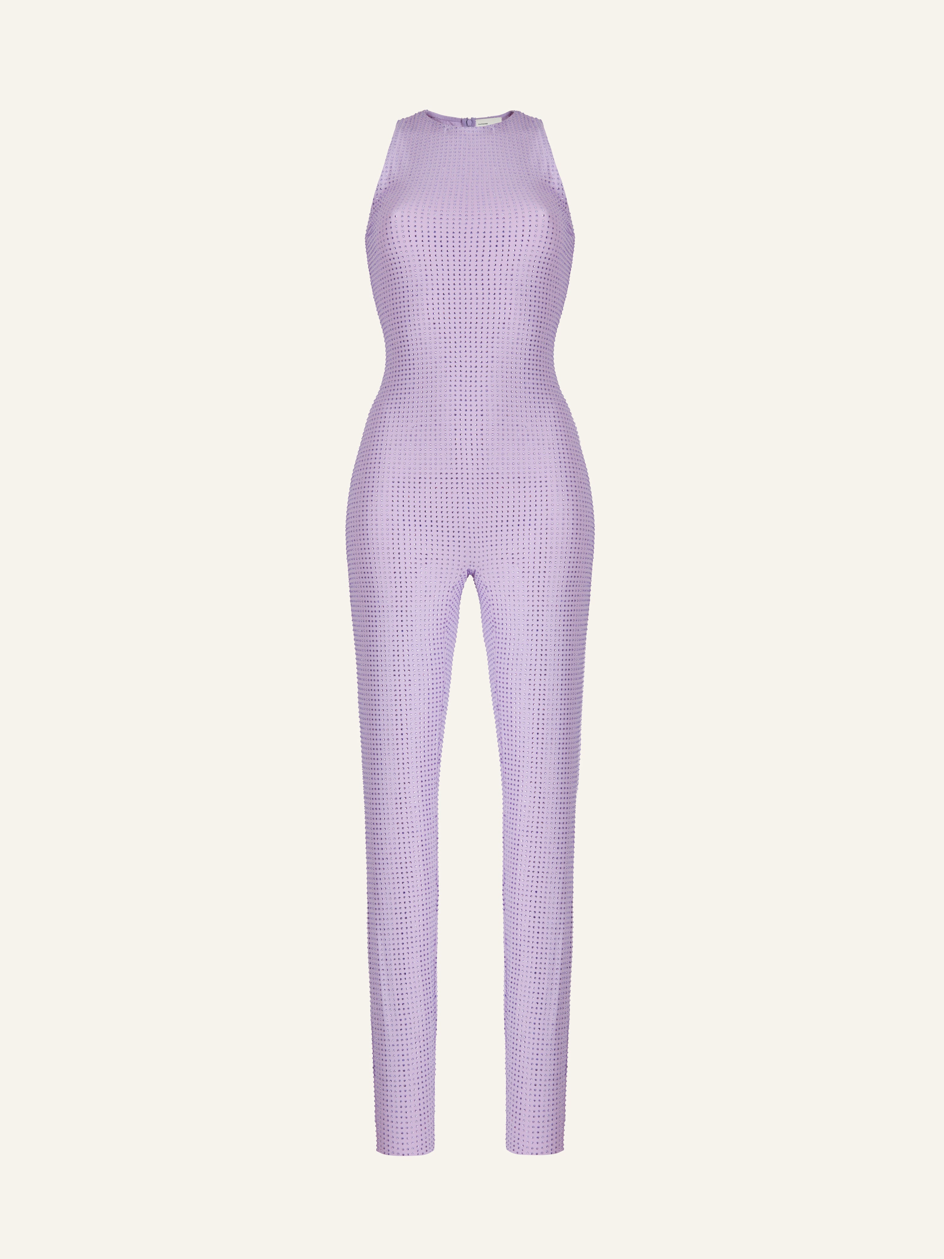 Product photo of a purple sleeveless jumpsuit decorated with Swarovski crystals