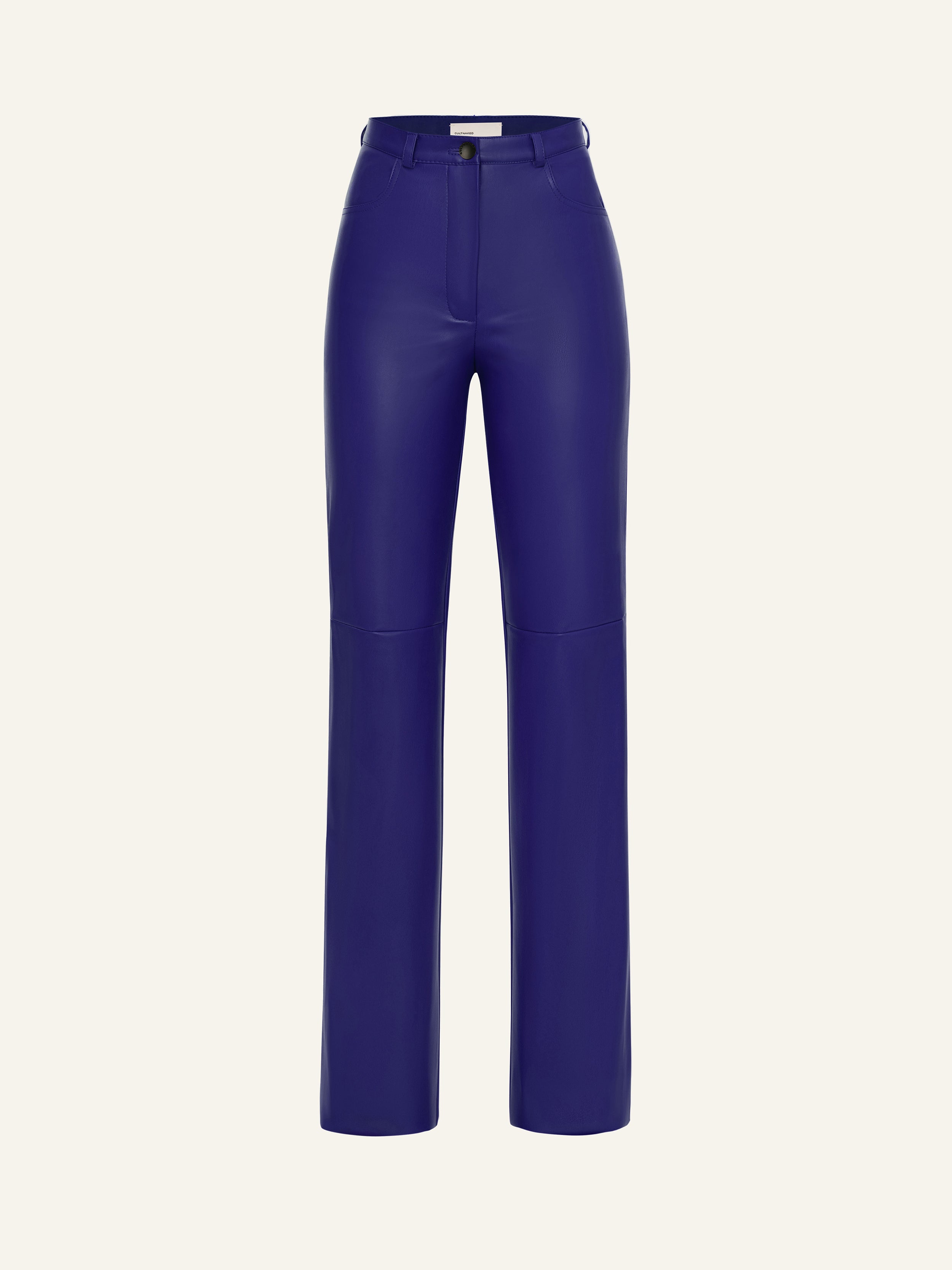 Product photo of purple vegan leather high rise straight leg pants