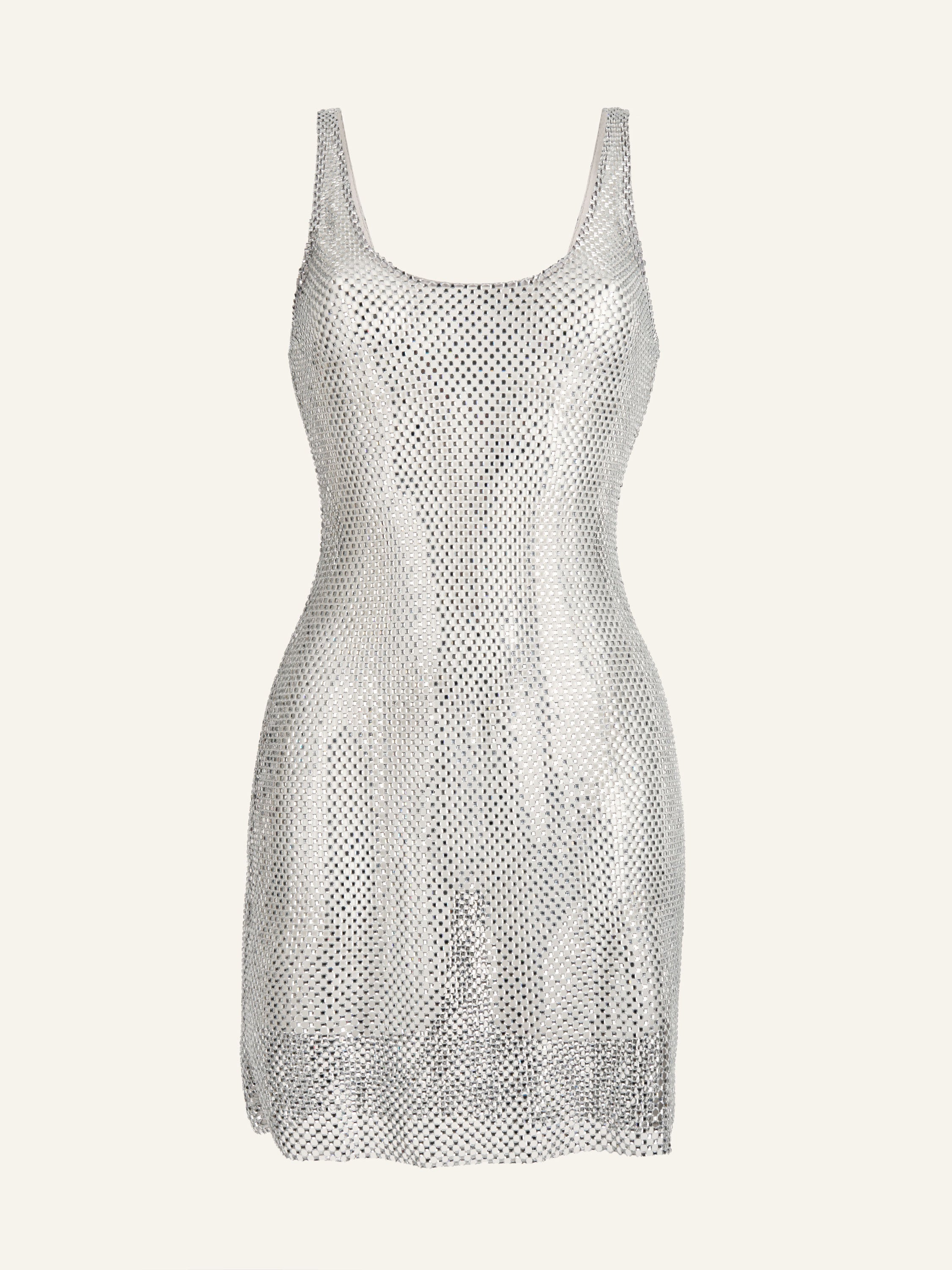 Product photo of a grey net short tank dress decorated with rhinestones