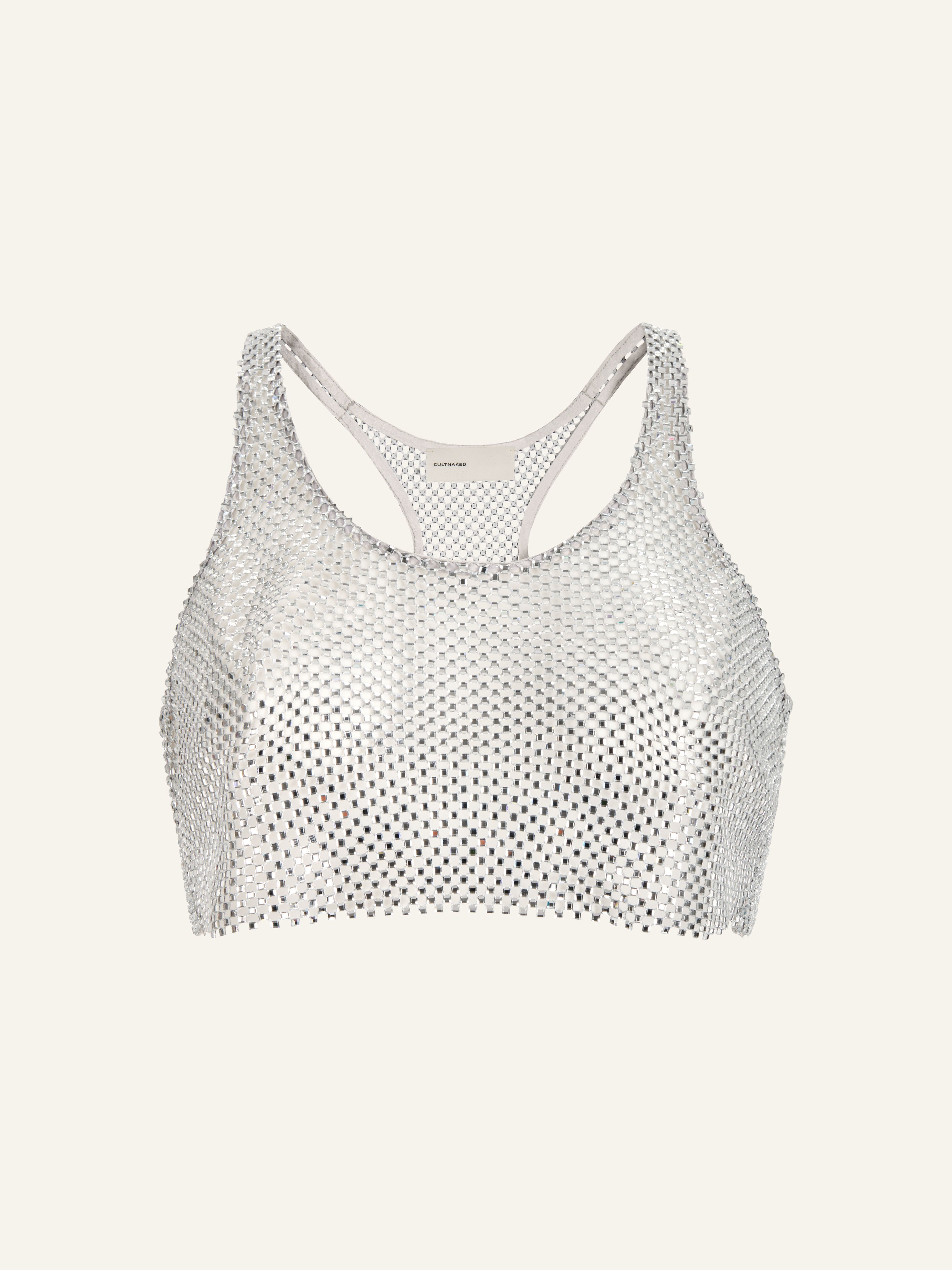 Product photo of a grey net cropped tank top decorated with rhinestones