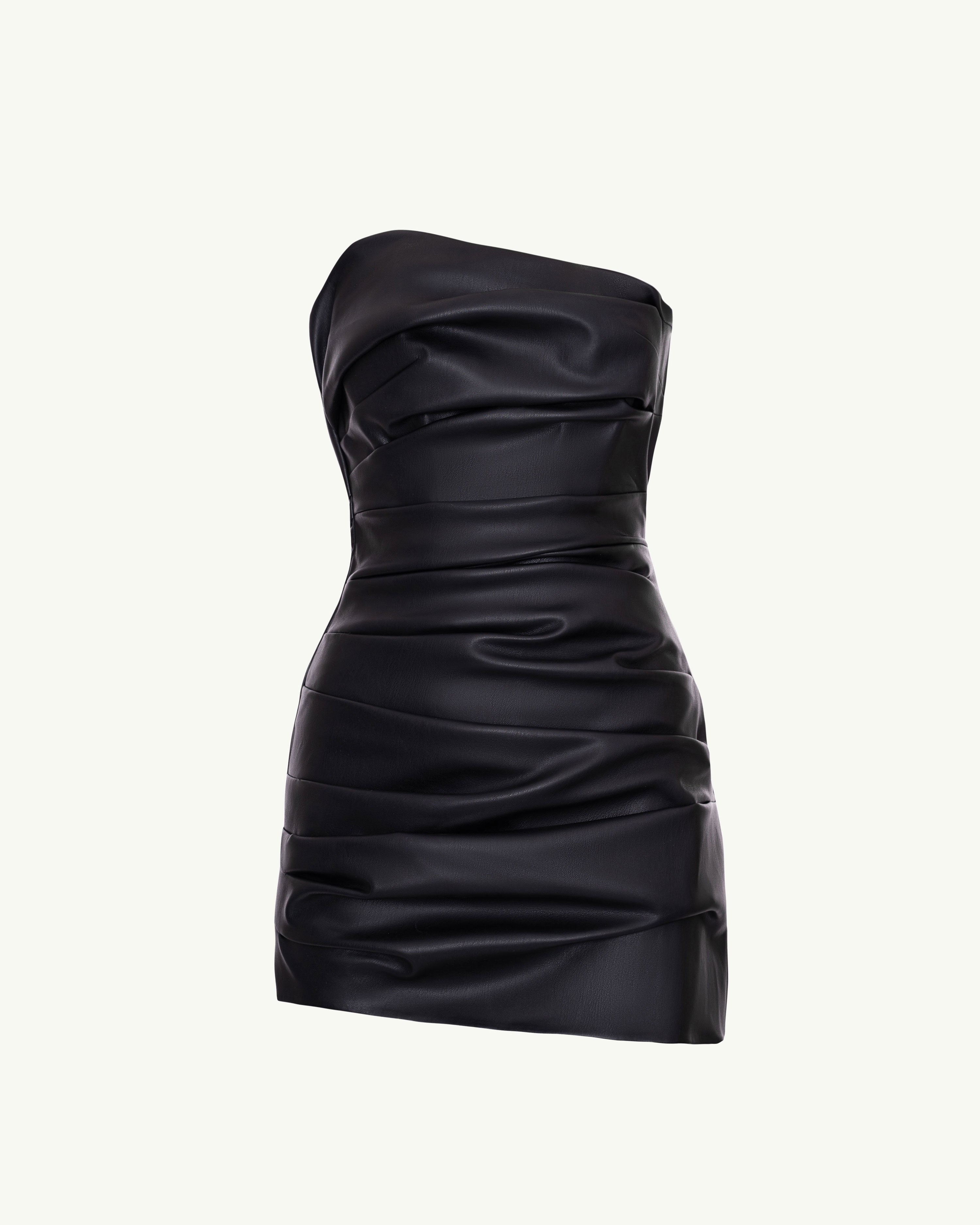 Product photo of a black vegan leather draped mini dress with asymmetric hem featuring shorts underneath