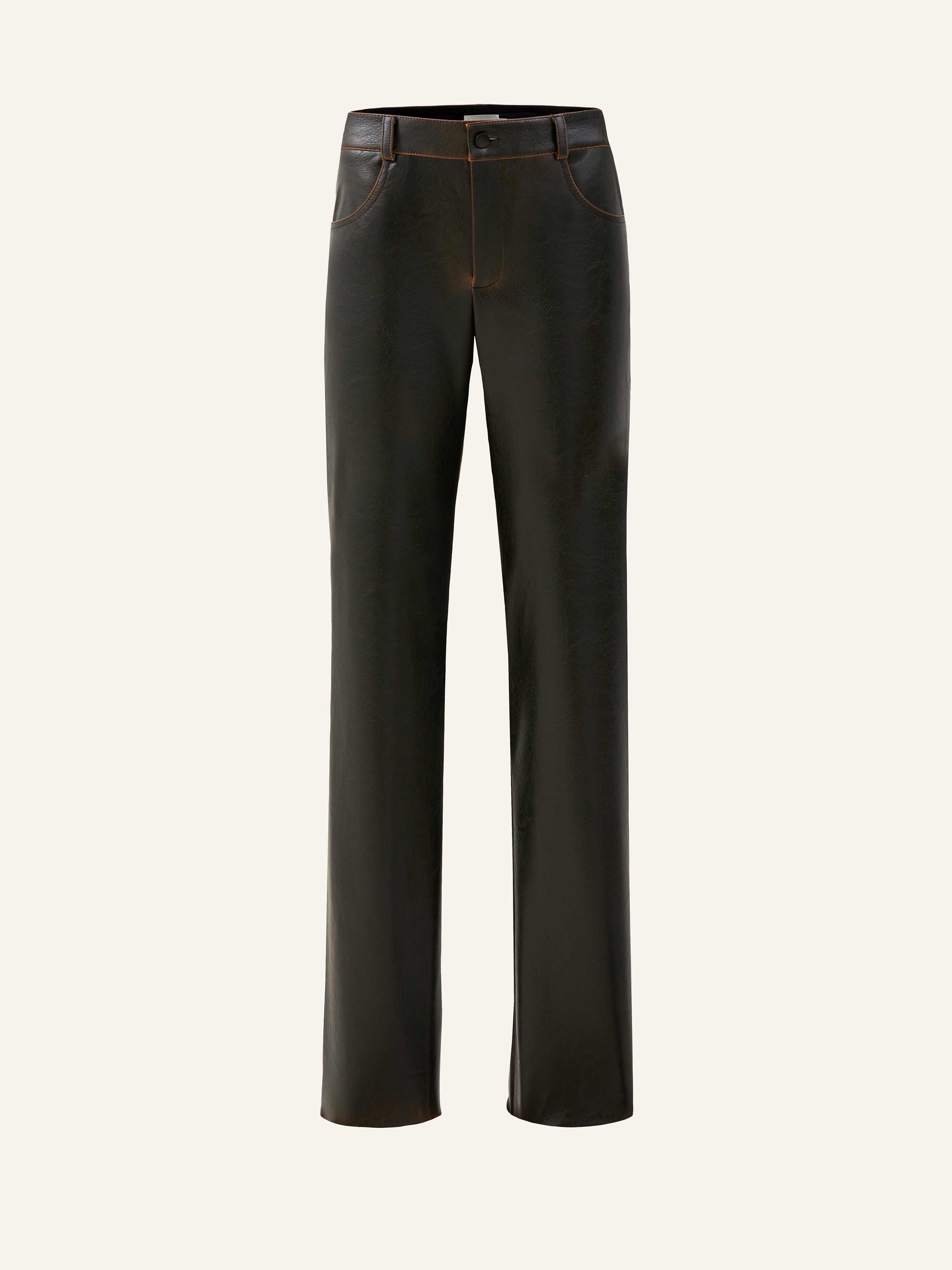 Product photo of brown vegan leather pants with mid rise